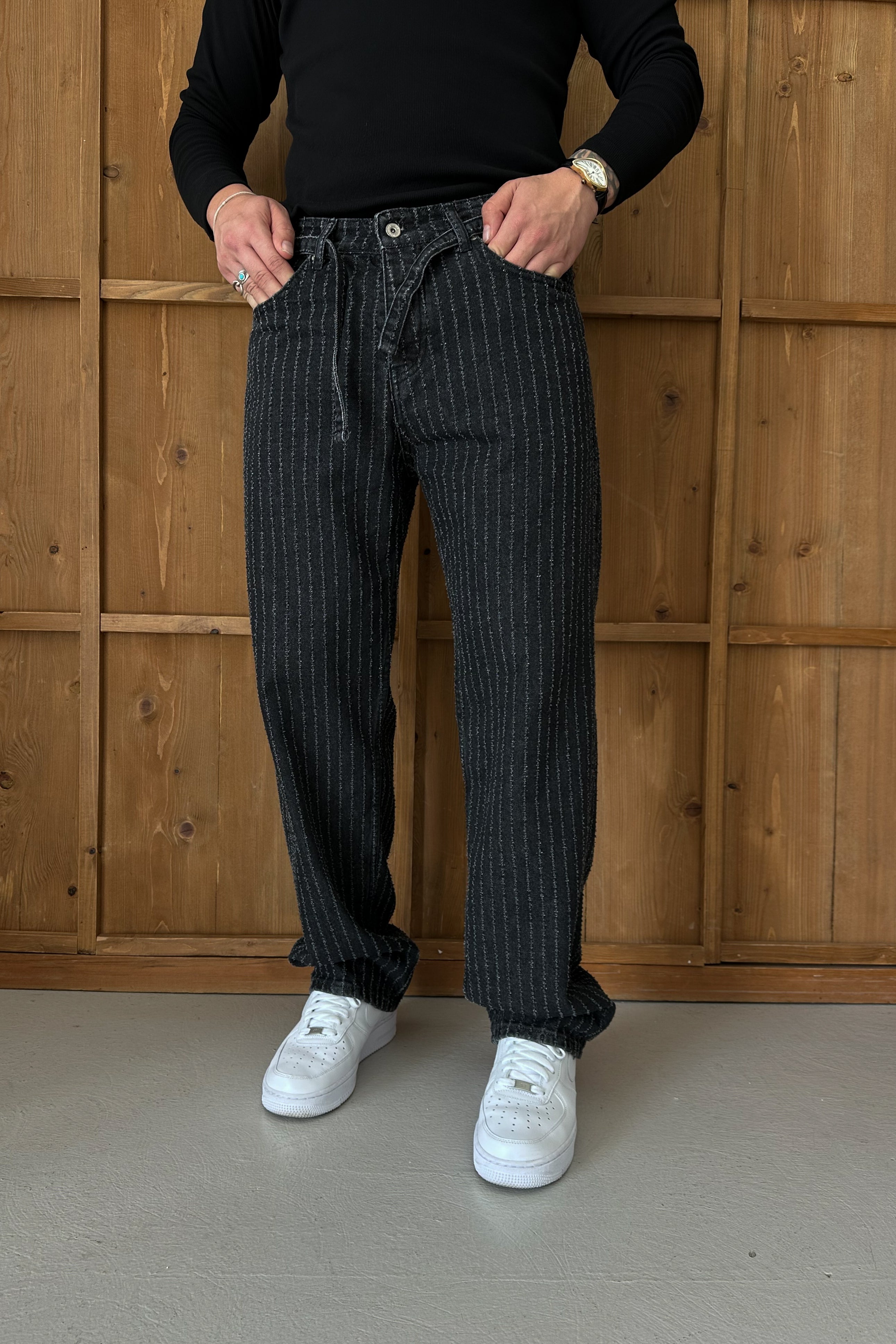 BAGGY FİT KEMER DETAY TASARIM KOT PANTOLON • SİYAH W11