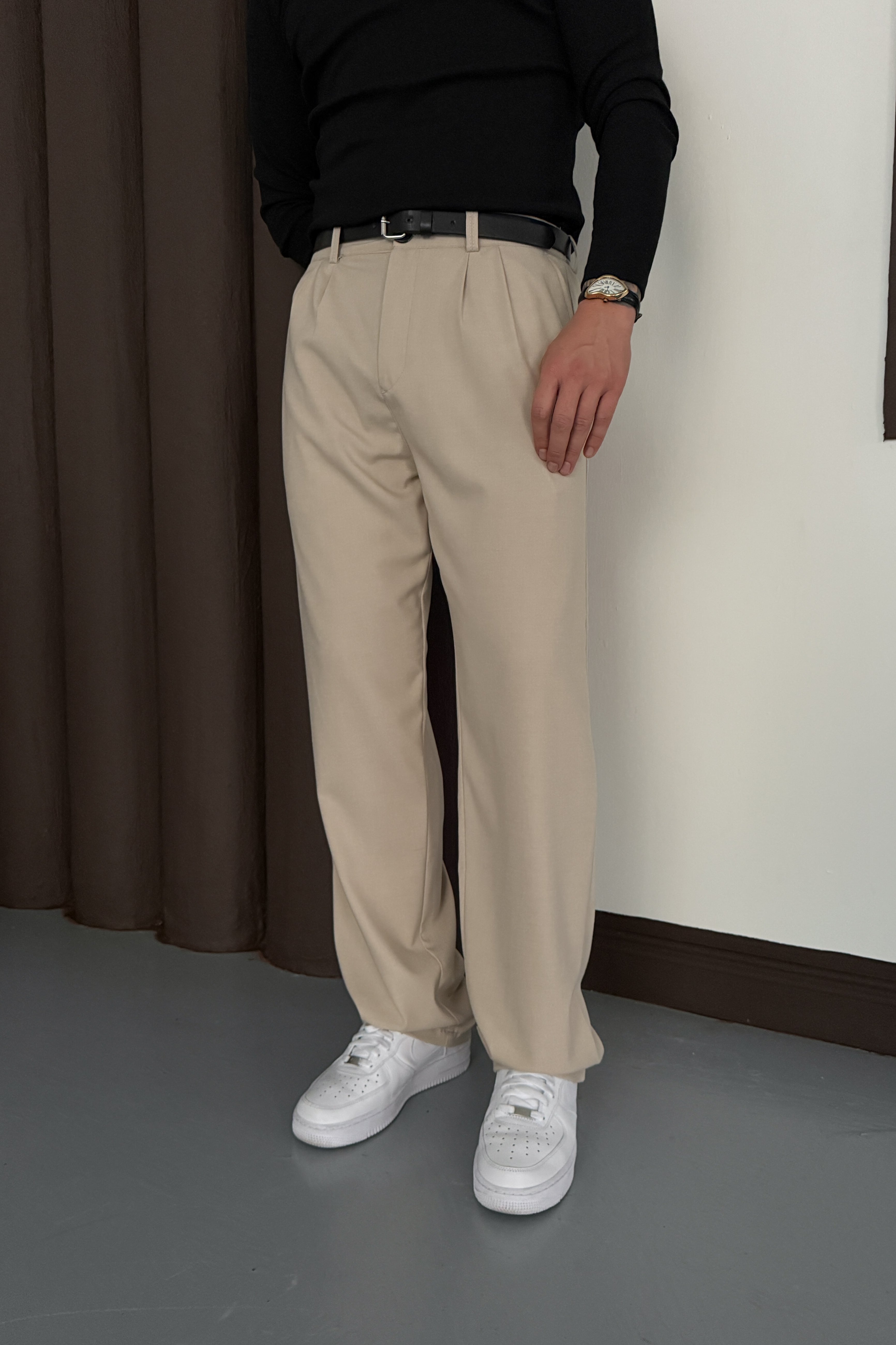 BAGGY KALIP PİLELİ KUMAŞ PANTOLON • BEJ