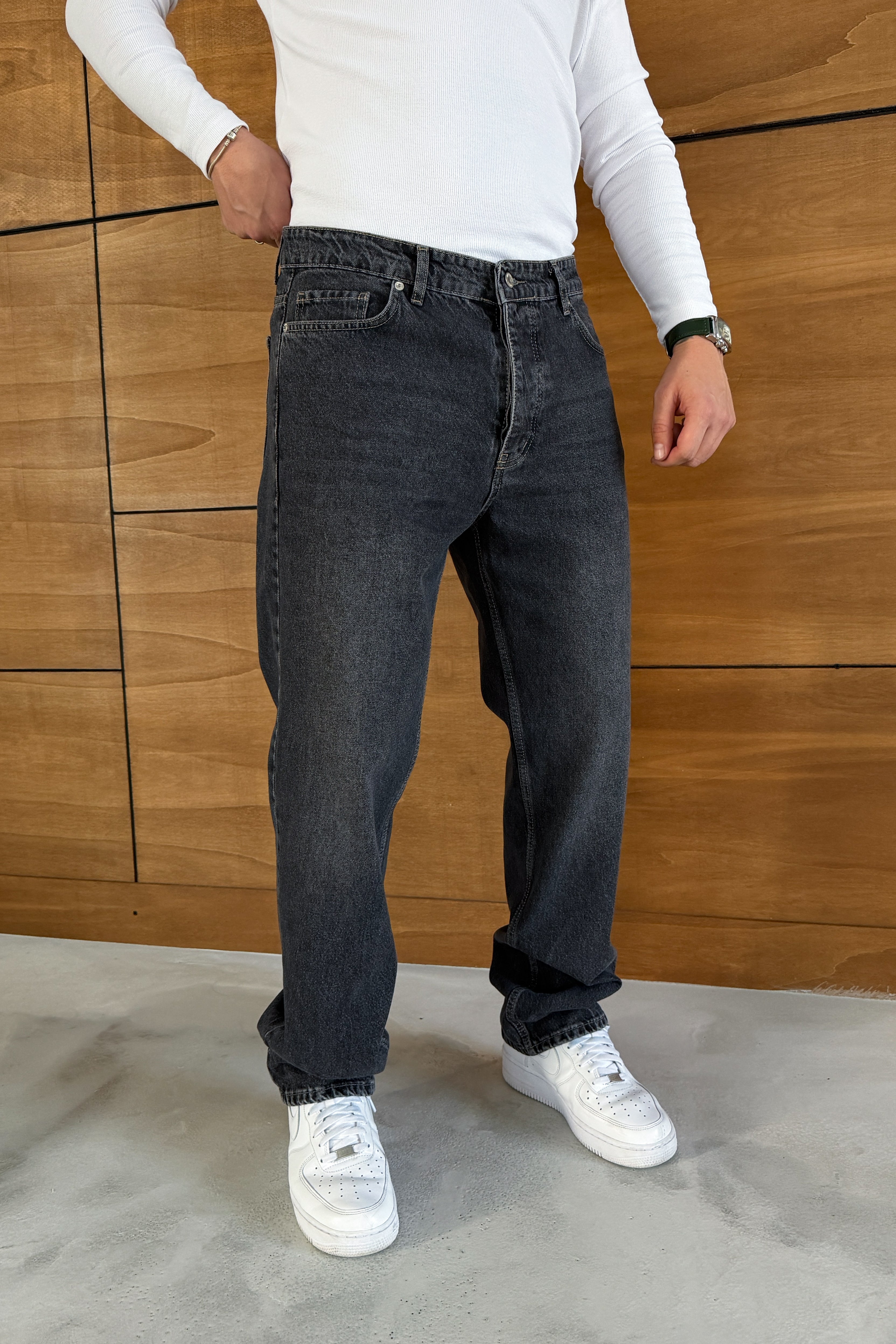 BAGGY FİT TAŞLANMIŞ KOT PANTOLON • ANTRASİT