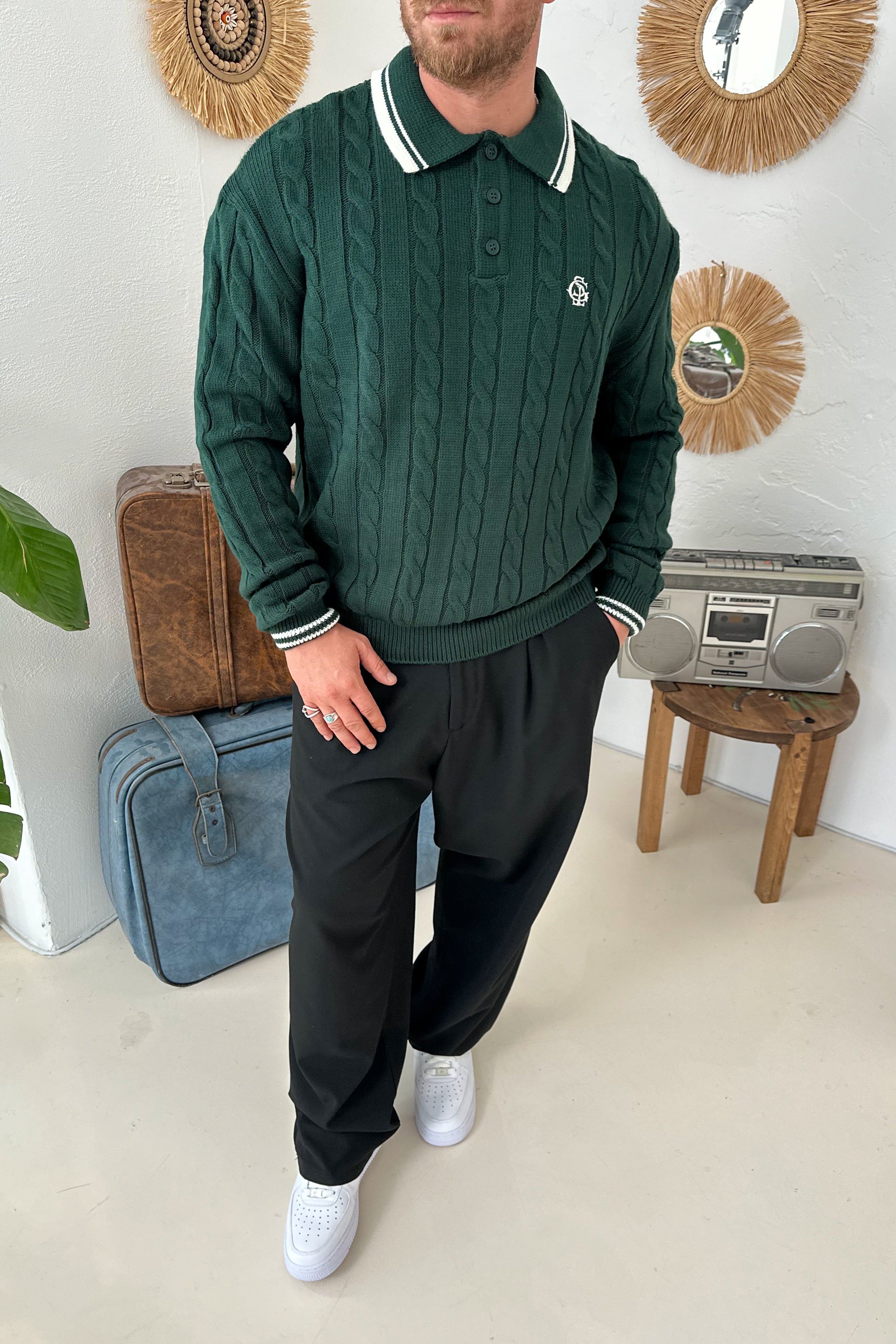 OVERSİZE OLD MONEY ÖRGÜ MODEL POLO YAKA TRİKO • YEŞİL