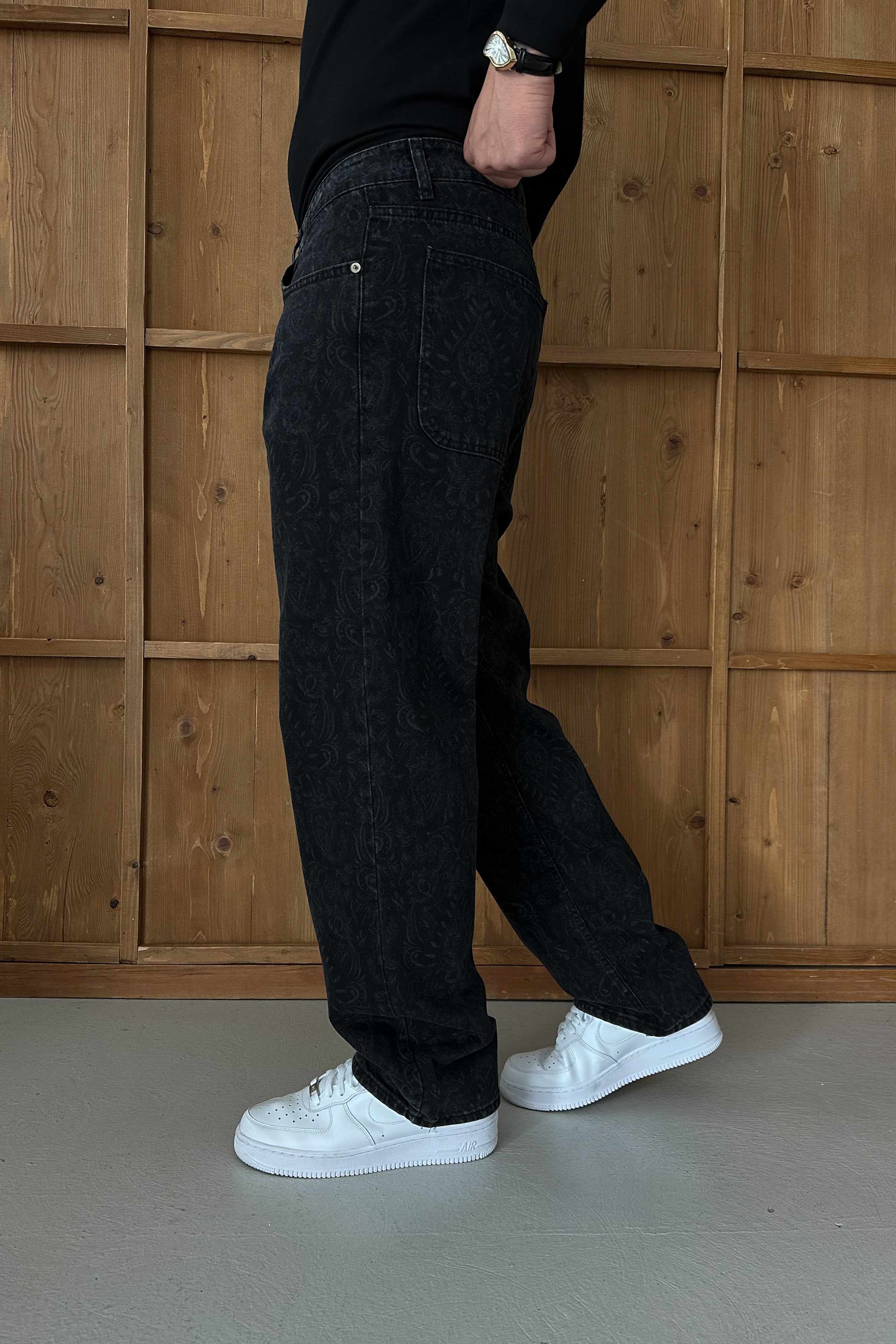 BAGGY FİT DESENLİ TASARIM KOT PANTOLON • SİYAH W11