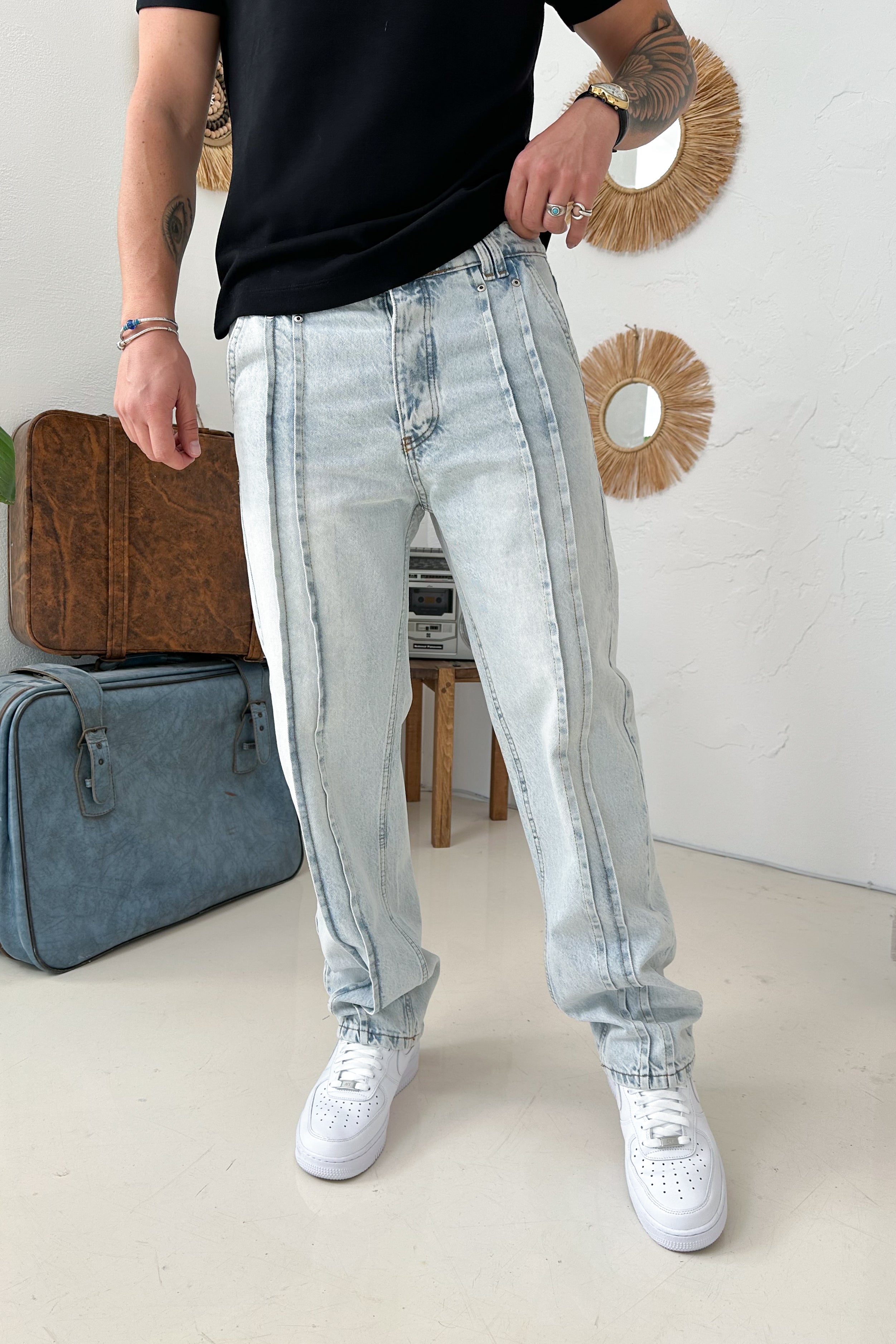 BAGGY KALIP ÇİFT SIRA DİKİŞ DETAY KOT PANTOLON • AÇIK MAVİ