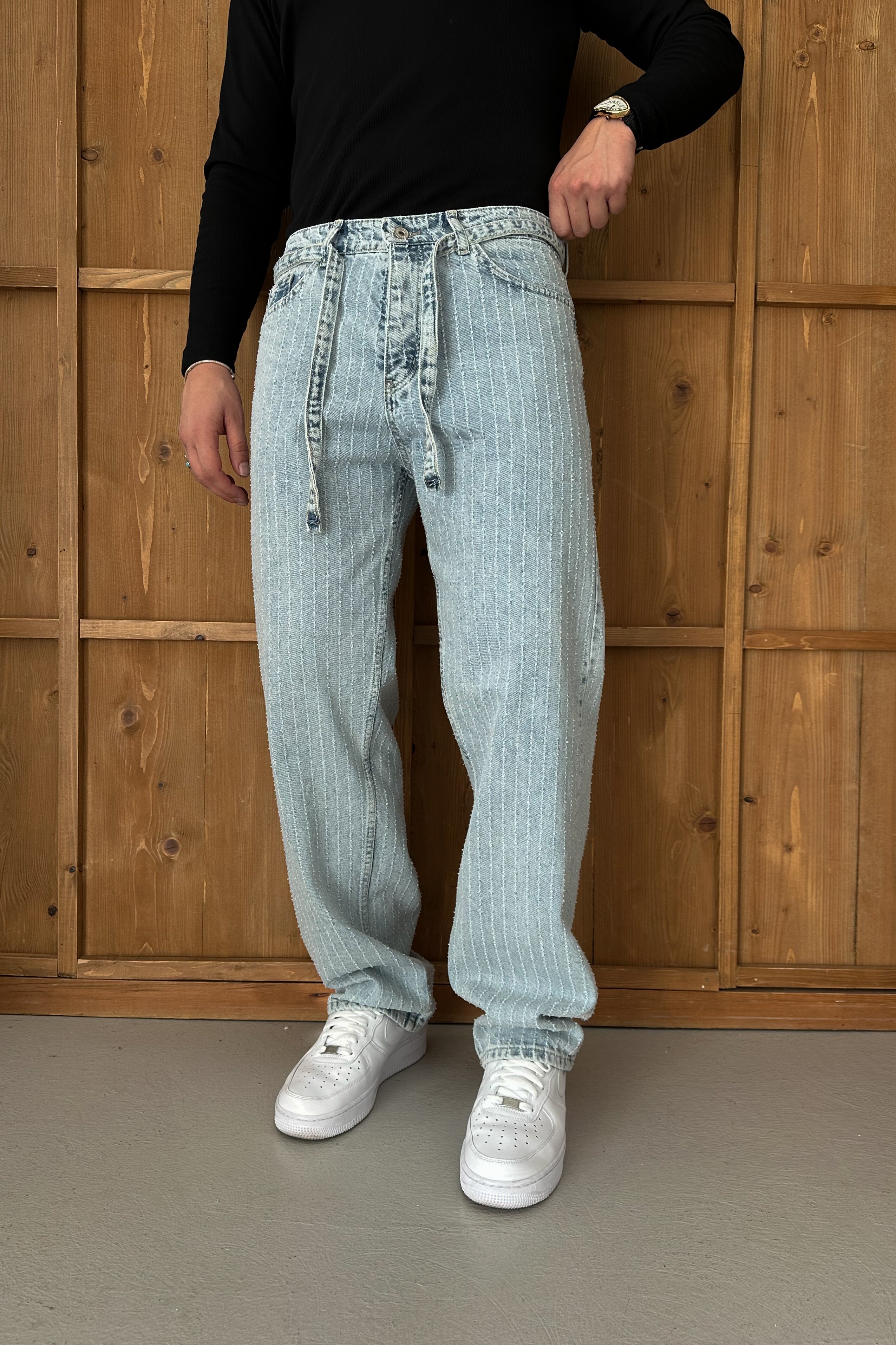BAGGY FİT KEMER DETAY TASARIM KOT PANTOLON • AÇIK MAVİ W11