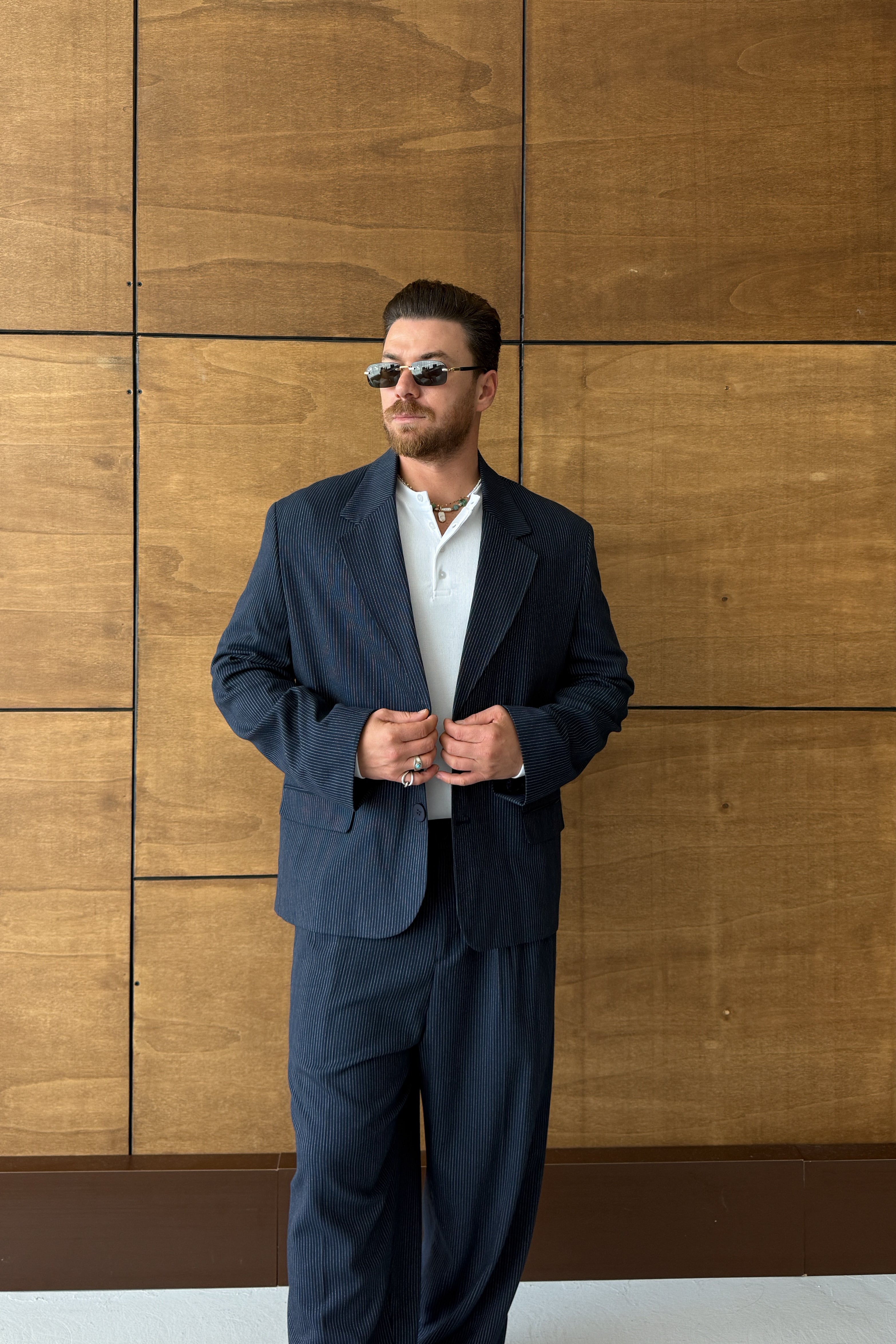 OVERSİZE ÇİZGİLİ BLAZER TAKIM ELBİSE • LACİVERT