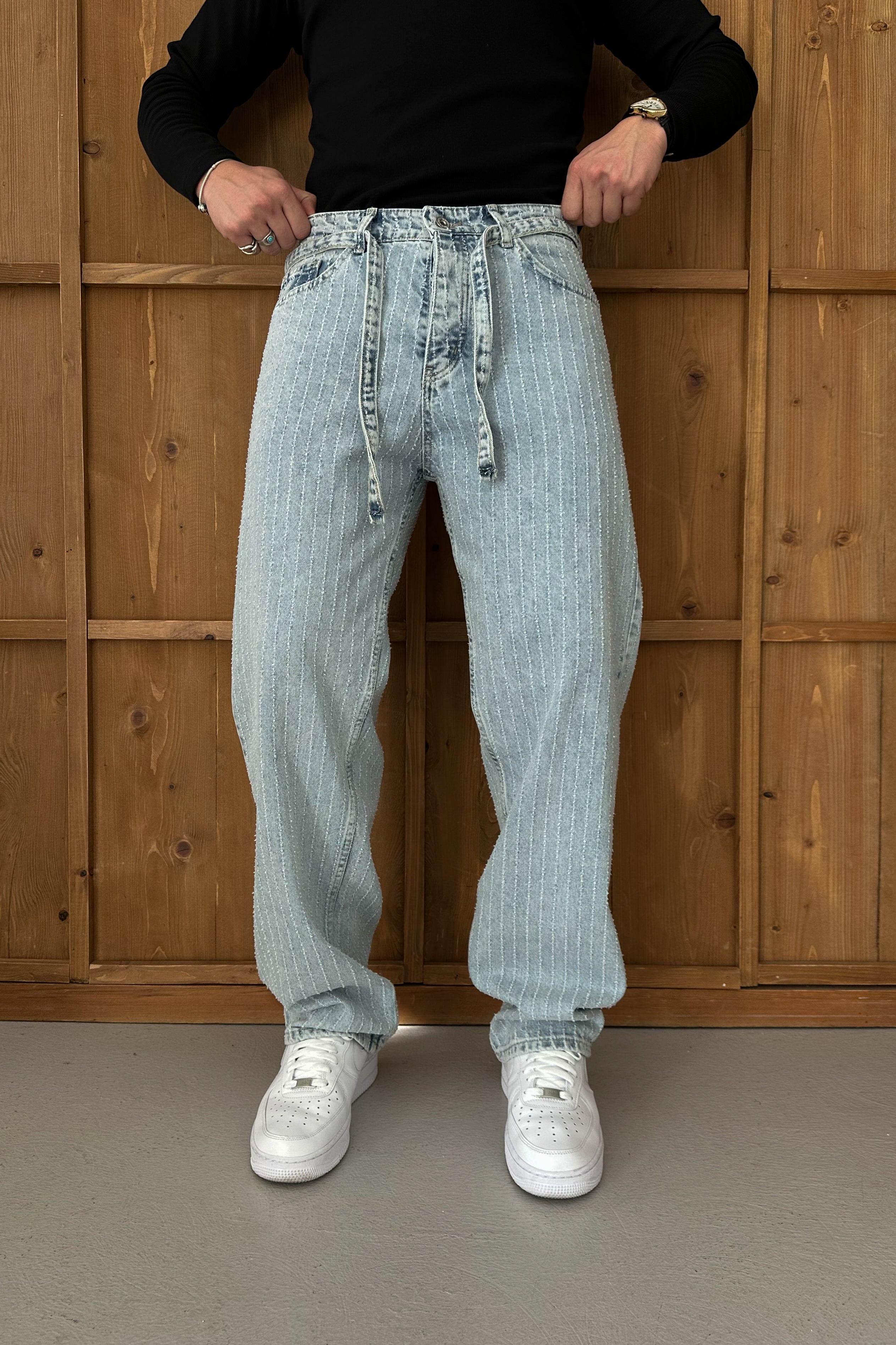 BAGGY FİT KEMER DETAY TASARIM KOT PANTOLON • AÇIK MAVİ W11