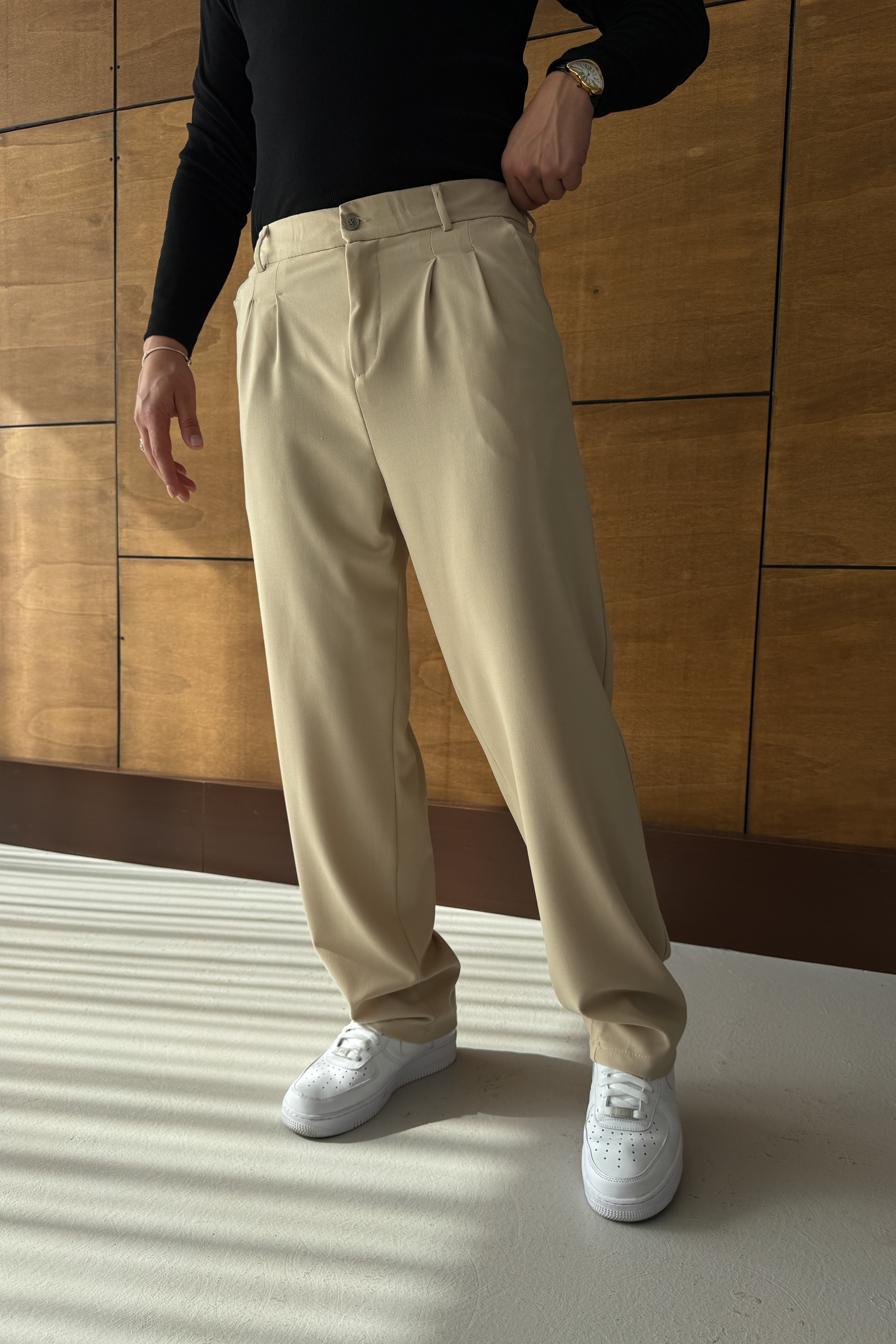BAGGY KALIP PİLELİ KUMAŞ PANTOLON • BEJ FB