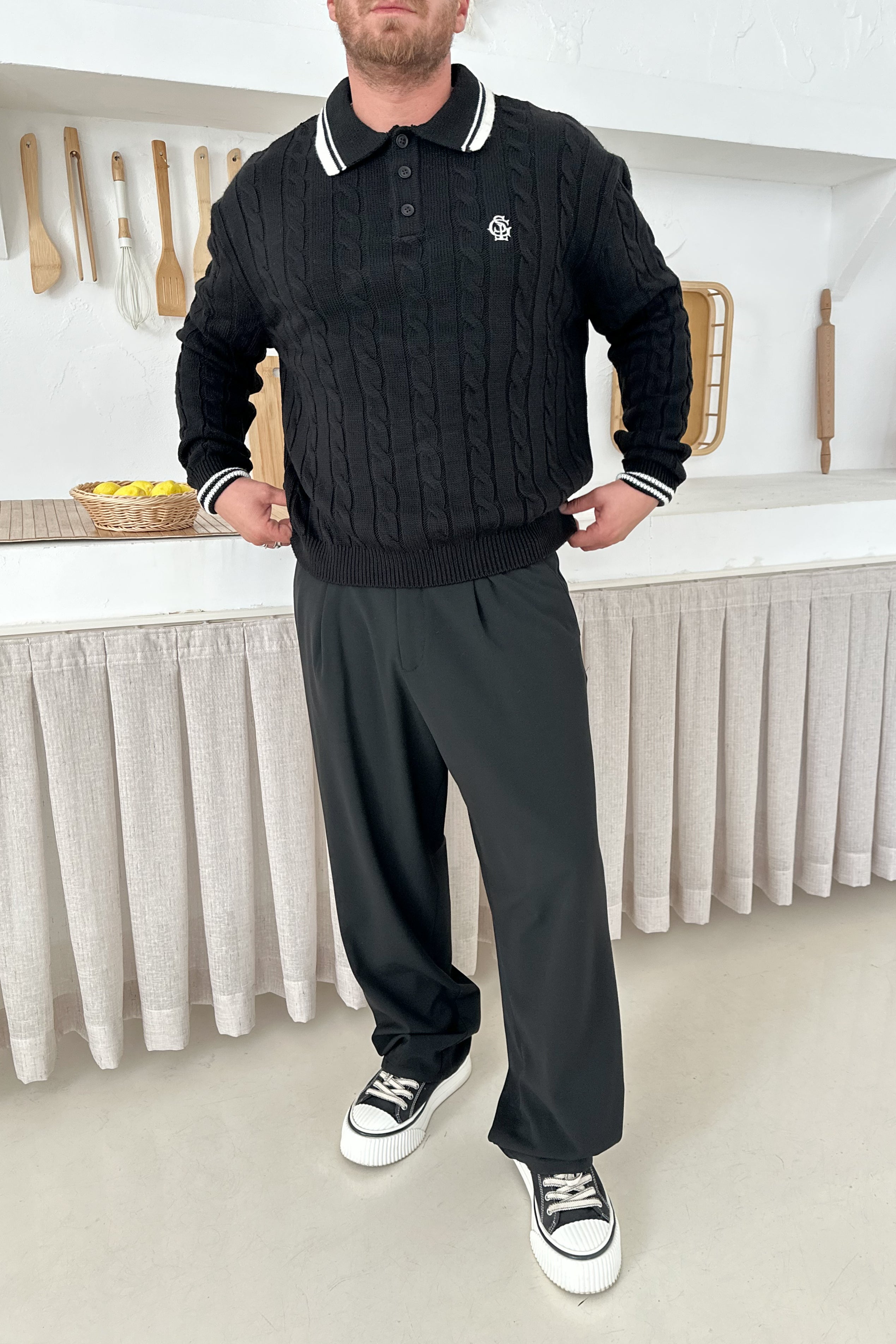 OVERSİZE OLD MONEY ÖRGÜ MODEL POLO YAKA TRİKO • SİYAH