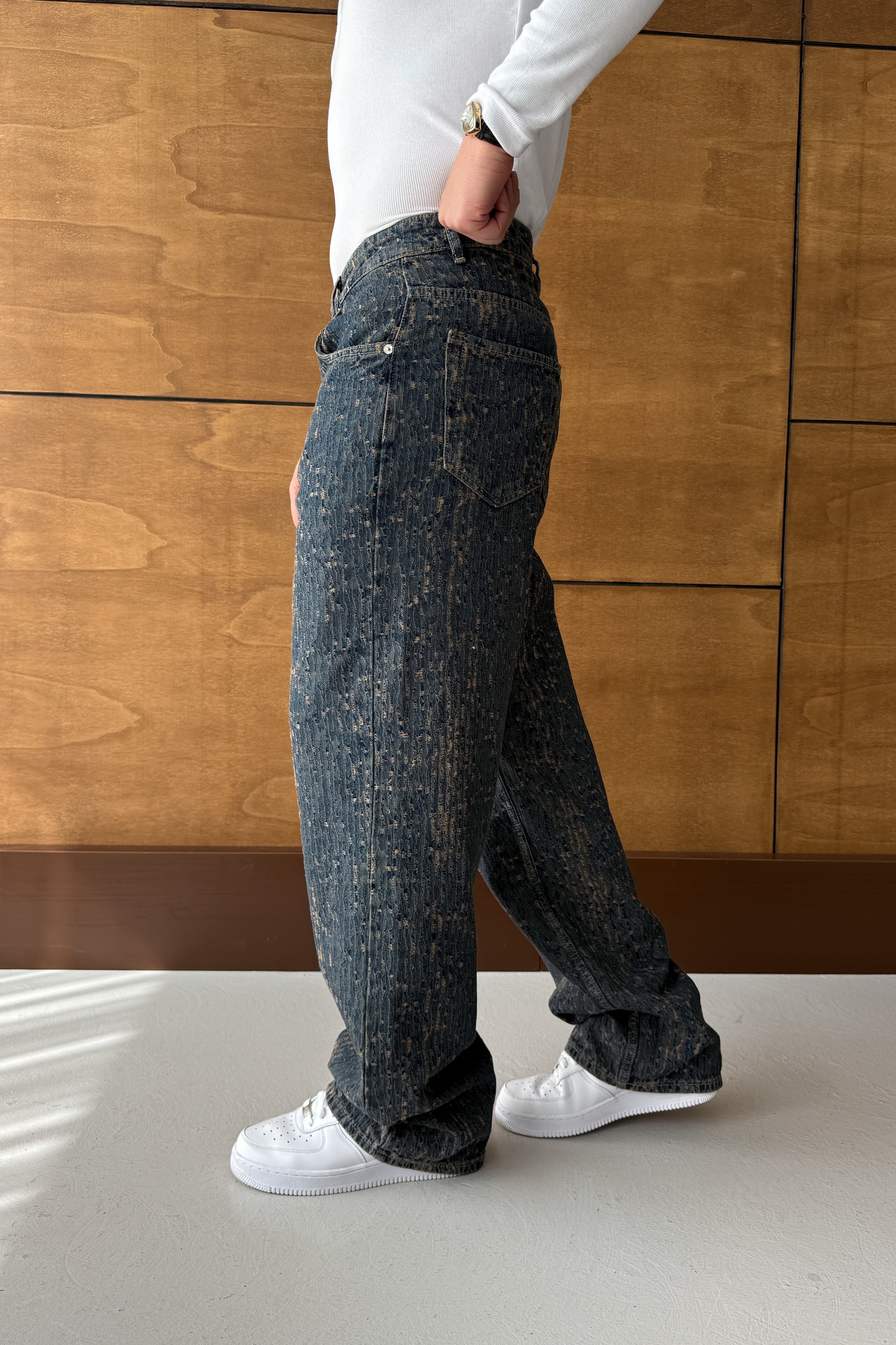 BAGGY FİT ESKİTME DETAY TASARIM KOT PANTOLON • BEJ GS
