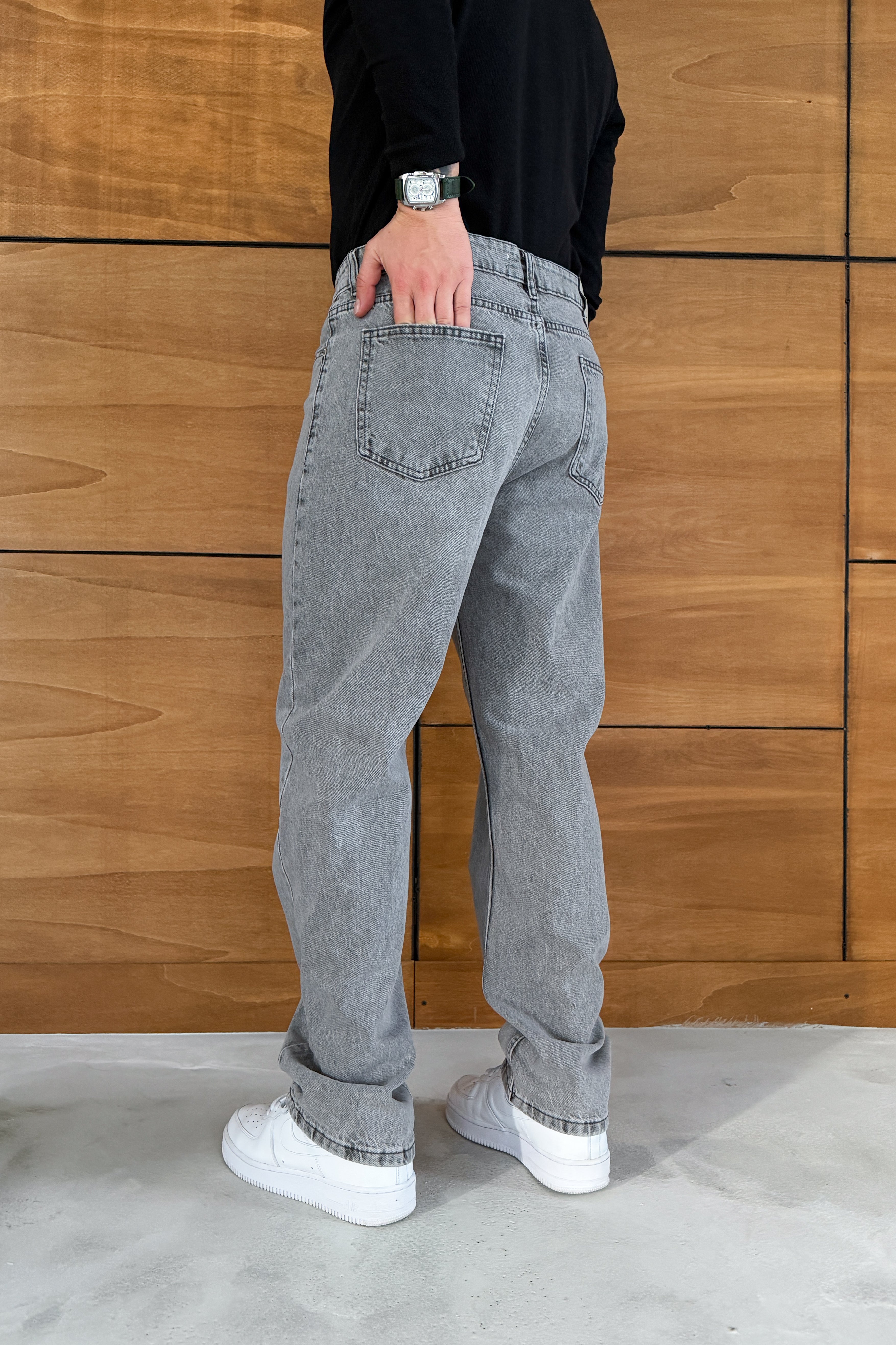 BAGGY FİT DİKİŞ DETAYLI YIKAMALI KOT PANTOLON • GRİ