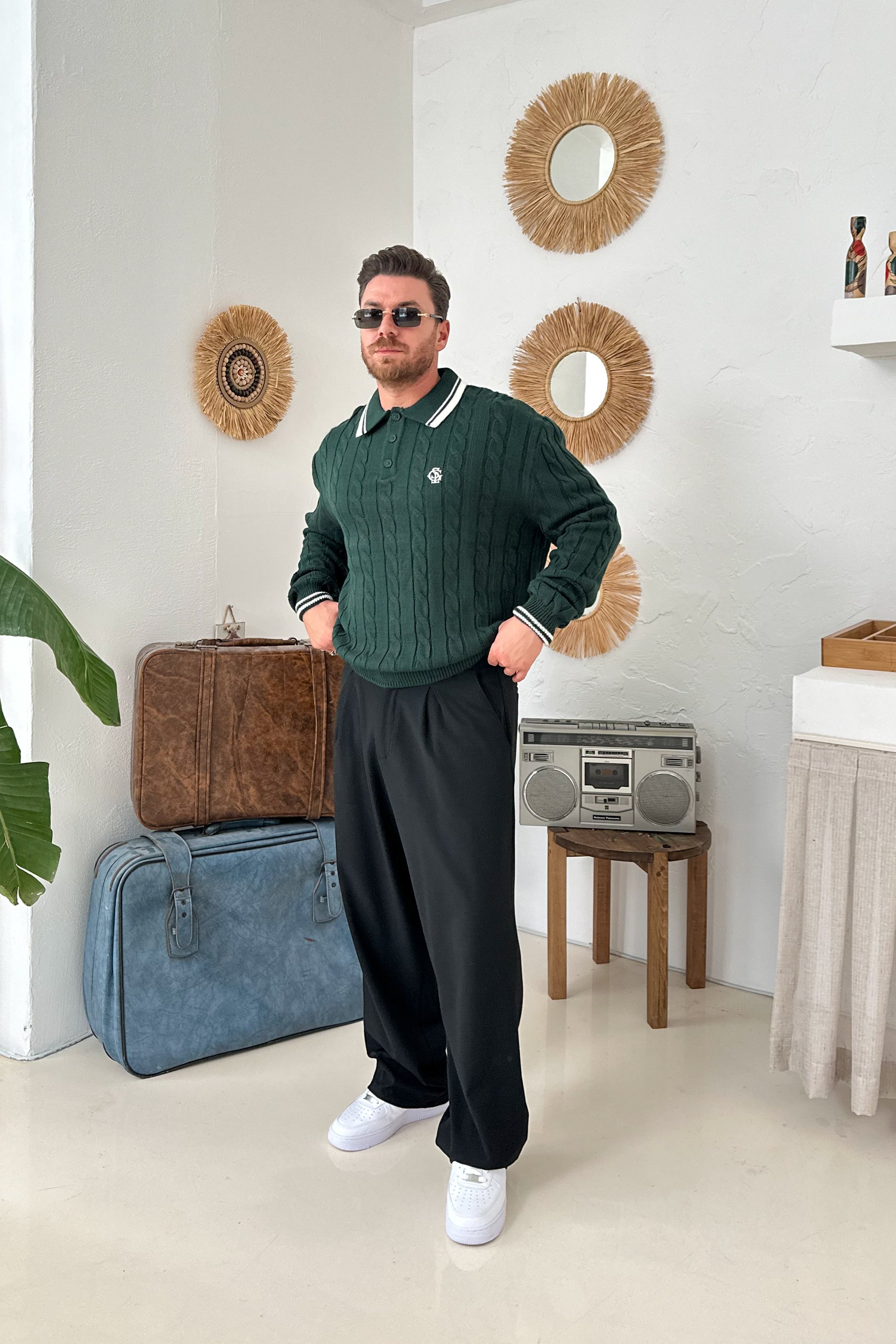 OVERSİZE OLD MONEY ÖRGÜ MODEL POLO YAKA TRİKO • YEŞİL