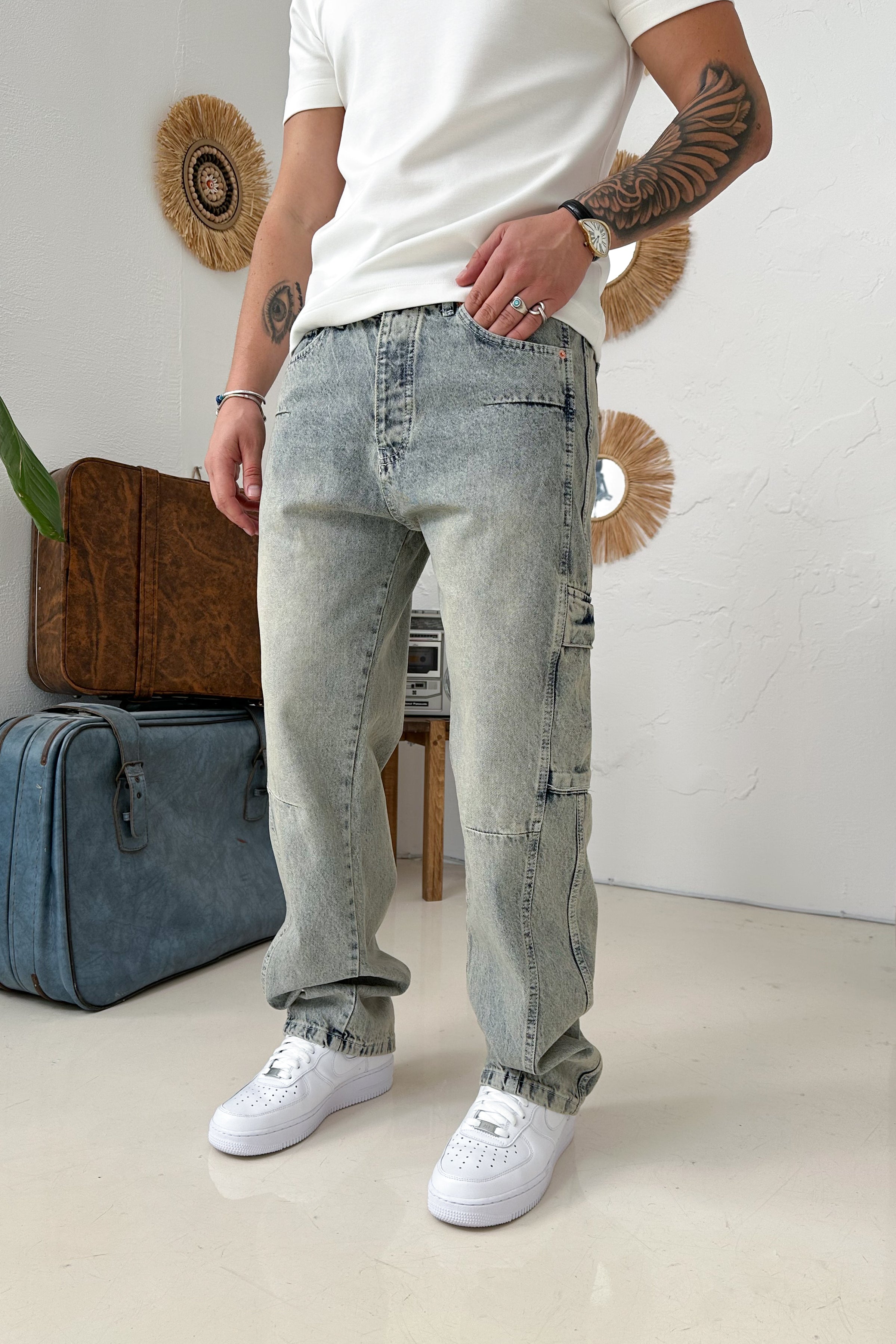 BAGGY KALIP DİKİŞ DETAY KARGO CEP KOT PANTOLON • BEJ
