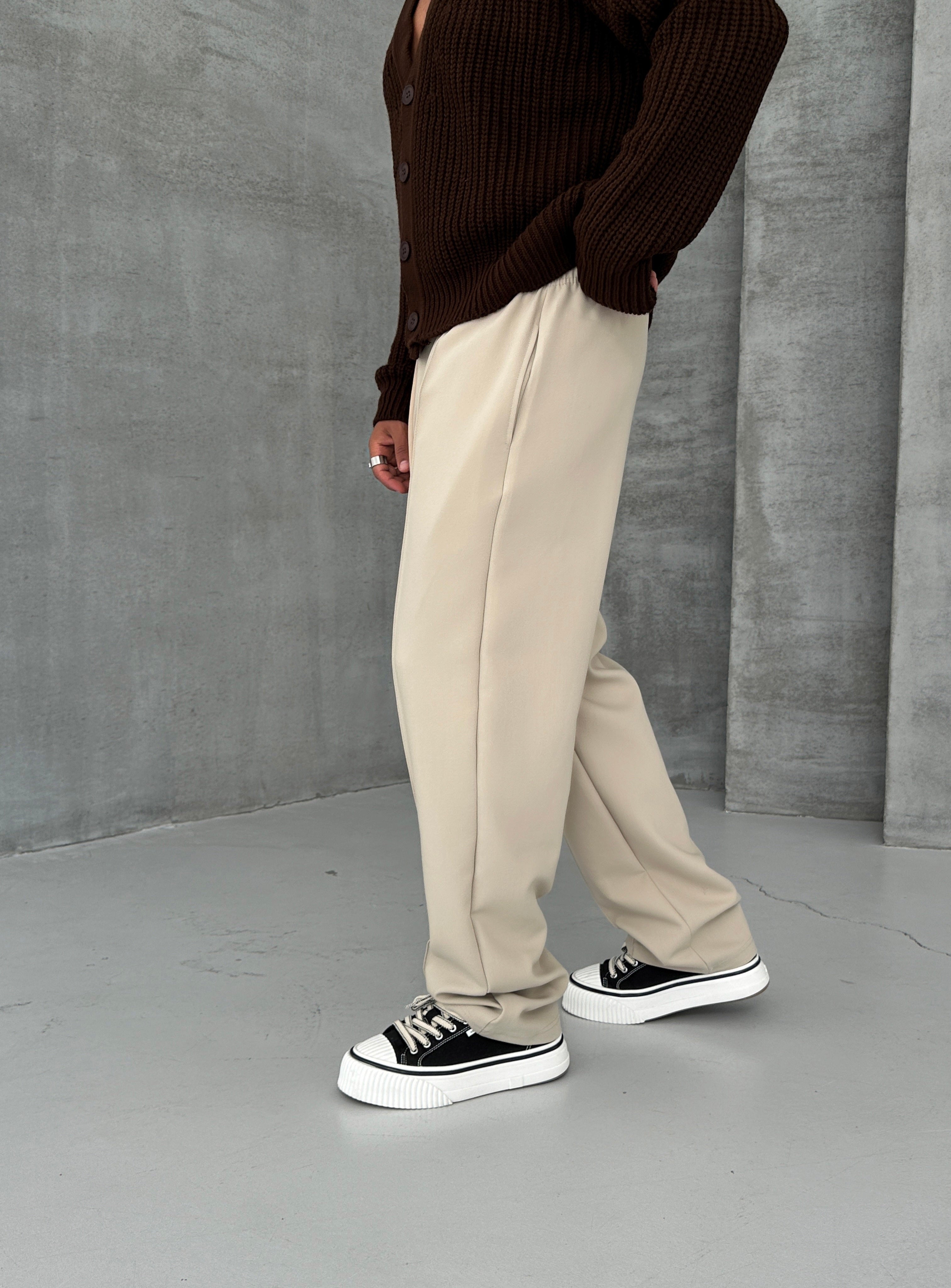 BAGGY KALIP DİKİŞ DETAYLI KUMAŞ PANTOLON•TAŞ