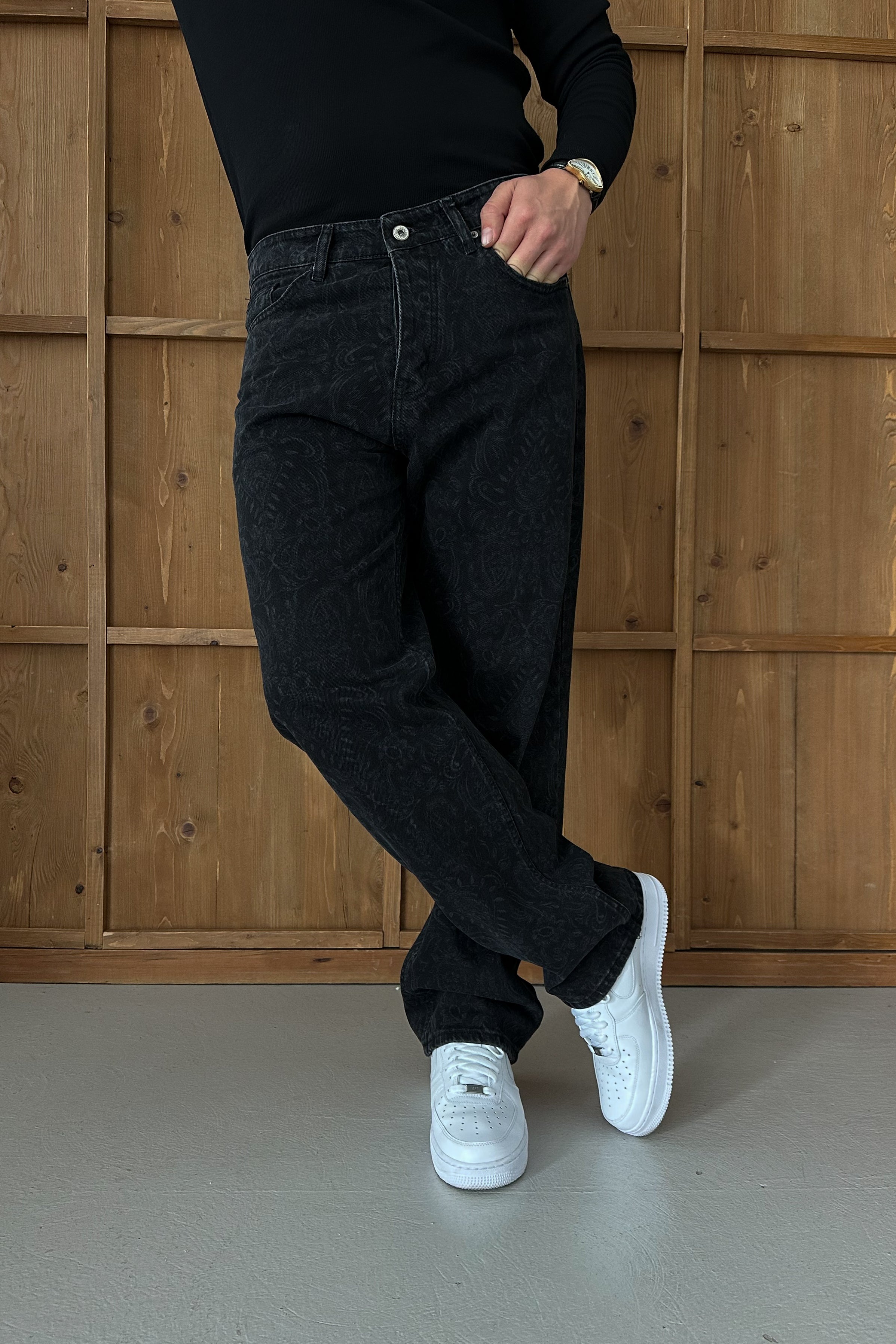 BAGGY FİT DESENLİ TASARIM KOT PANTOLON • SİYAH W11