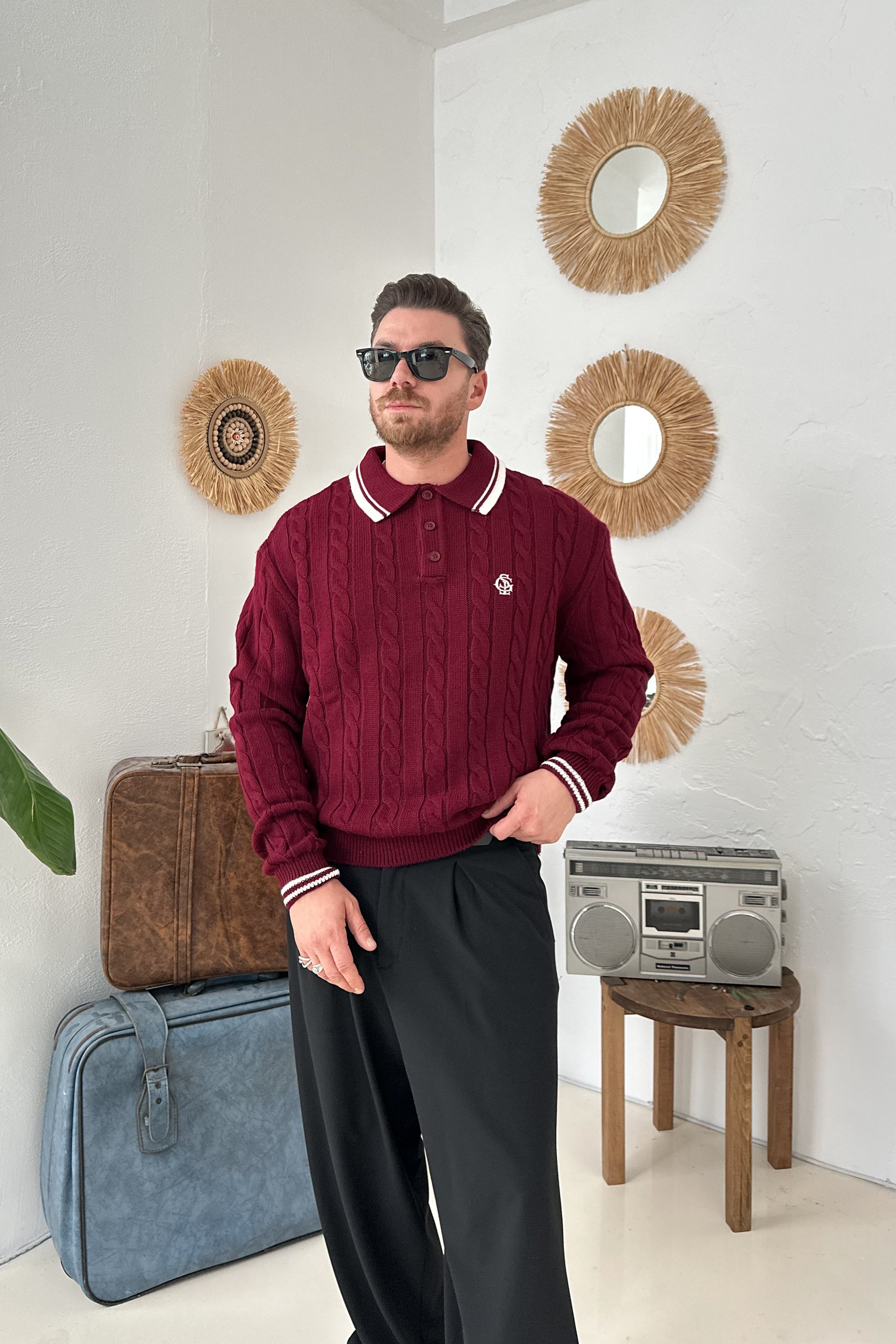 OVERSİZE OLD MONEY ÖRGÜ MODEL POLO YAKA TRİKO • BORDO