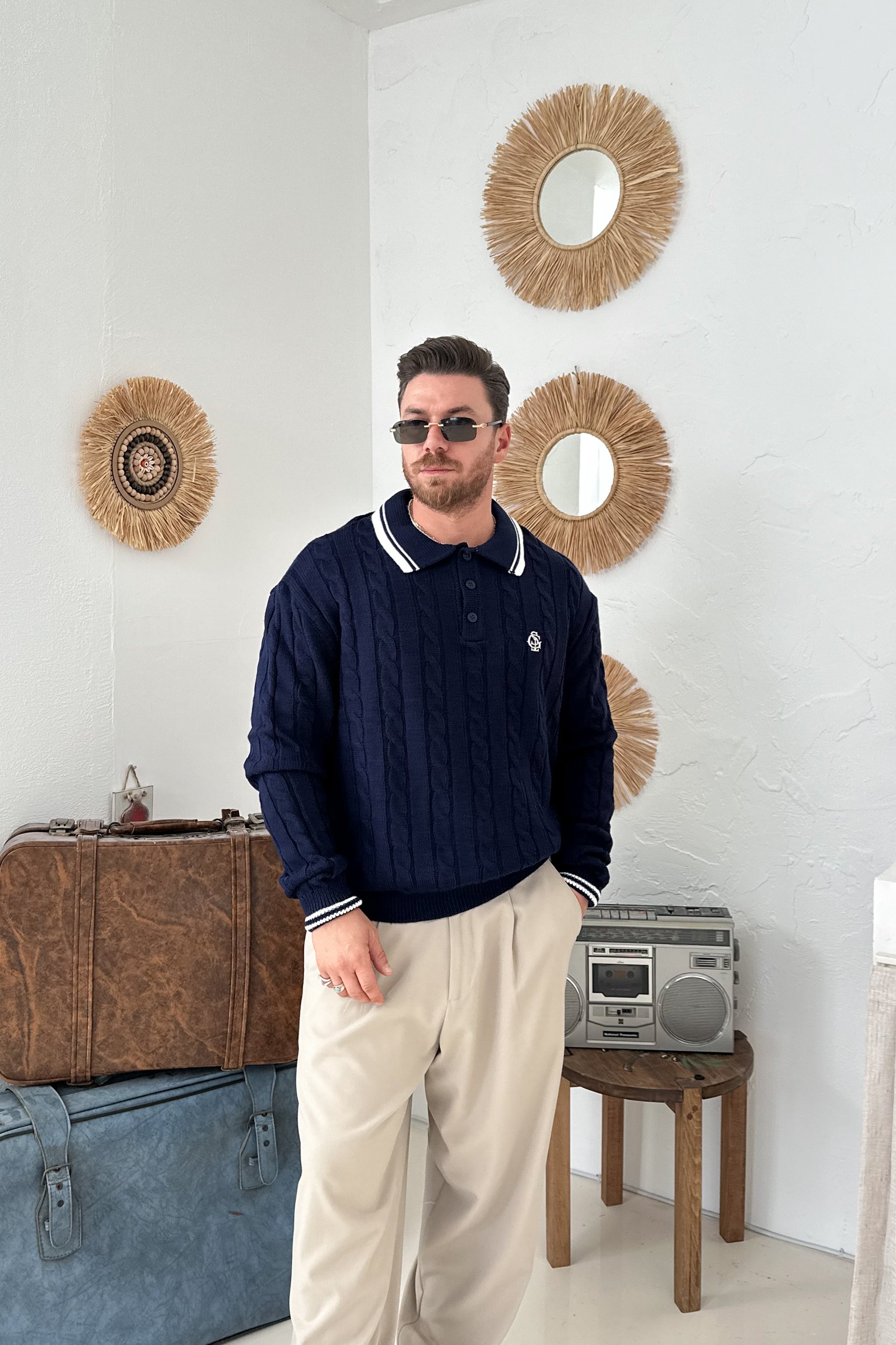 OVERSİZE OLD MONEY ÖRGÜ MODEL POLO YAKA TRİKO • LACİVERT