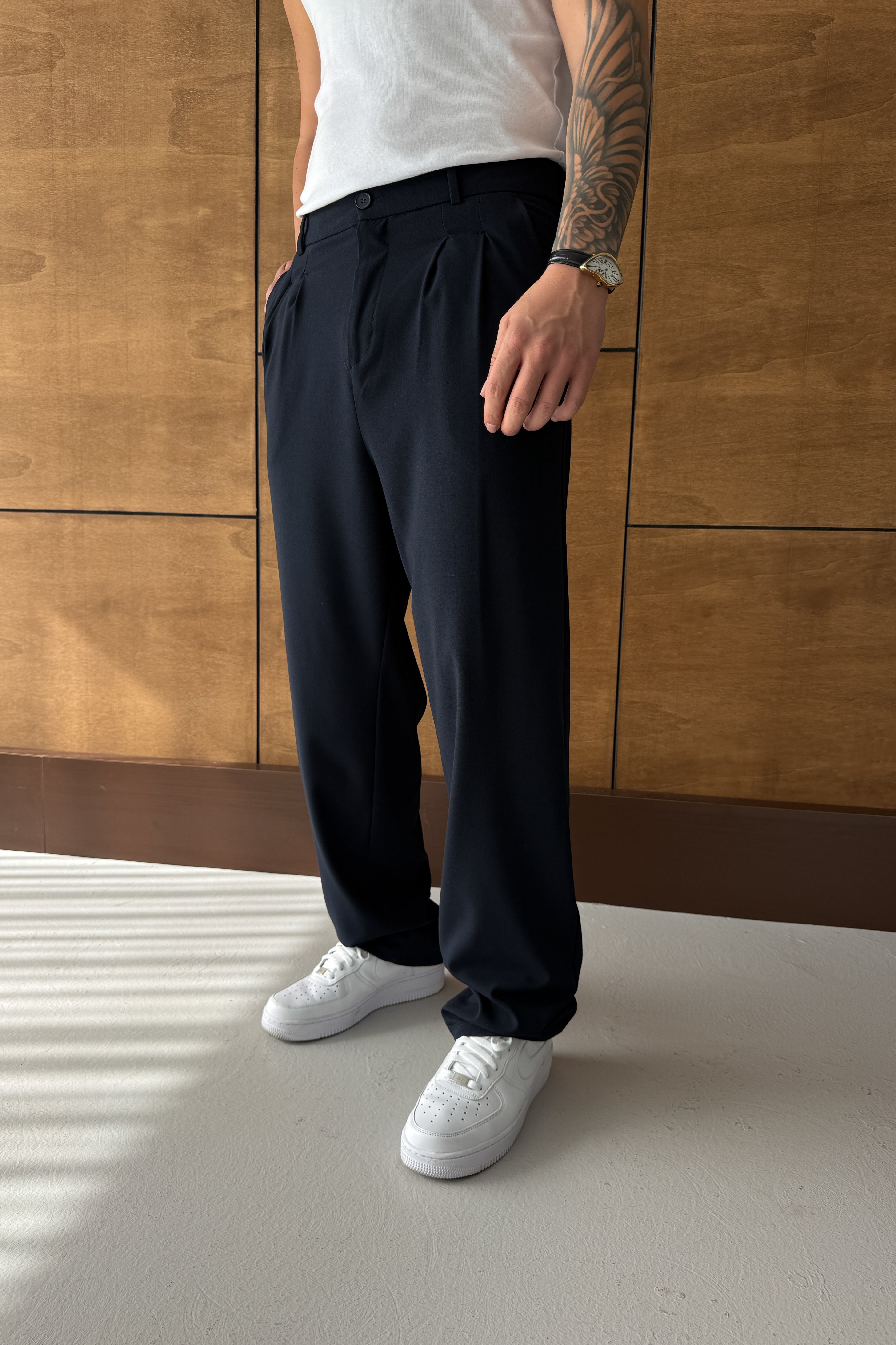BAGGY KALIP PİLELİ KUMAŞ PANTOLON • LACİVERT FB