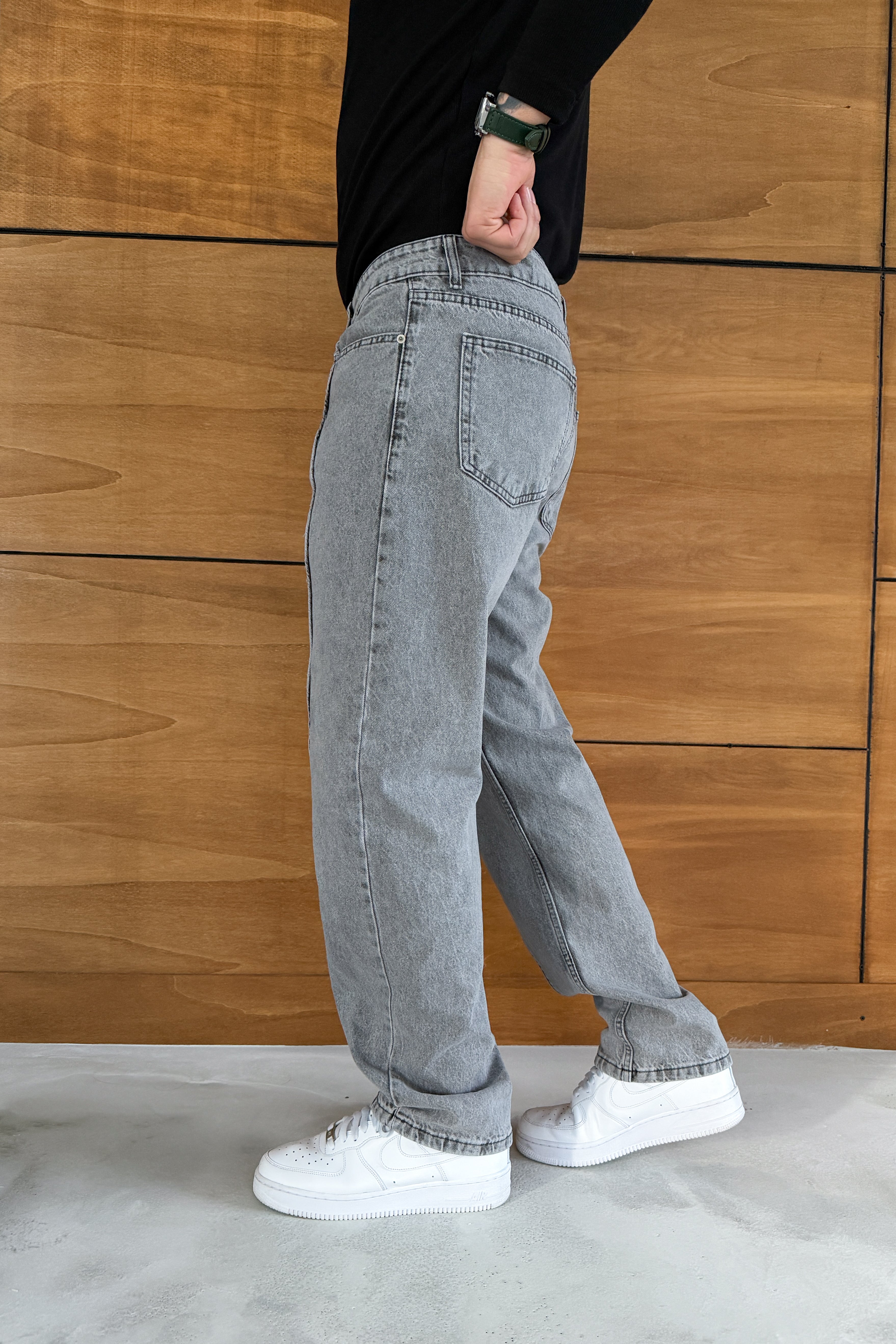 BAGGY FİT DİKİŞ DETAYLI YIKAMALI KOT PANTOLON • GRİ