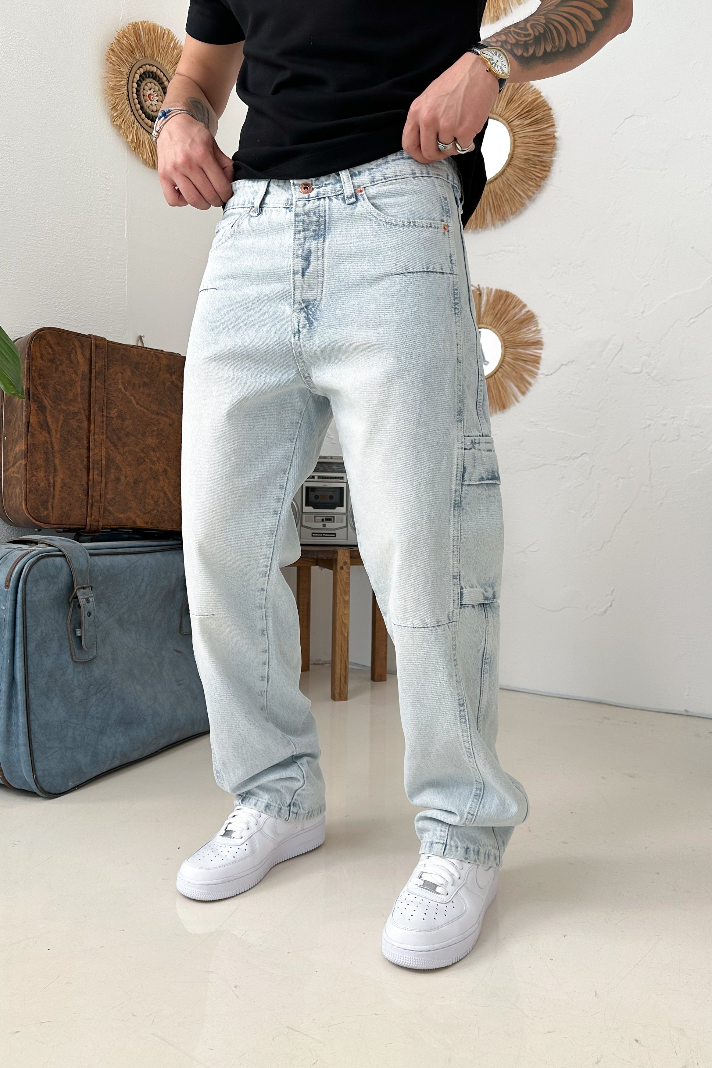BAGGY KALIP DİKİŞ DETAY KARGO CEP KOT PANTOLON • AÇIK MAVİ