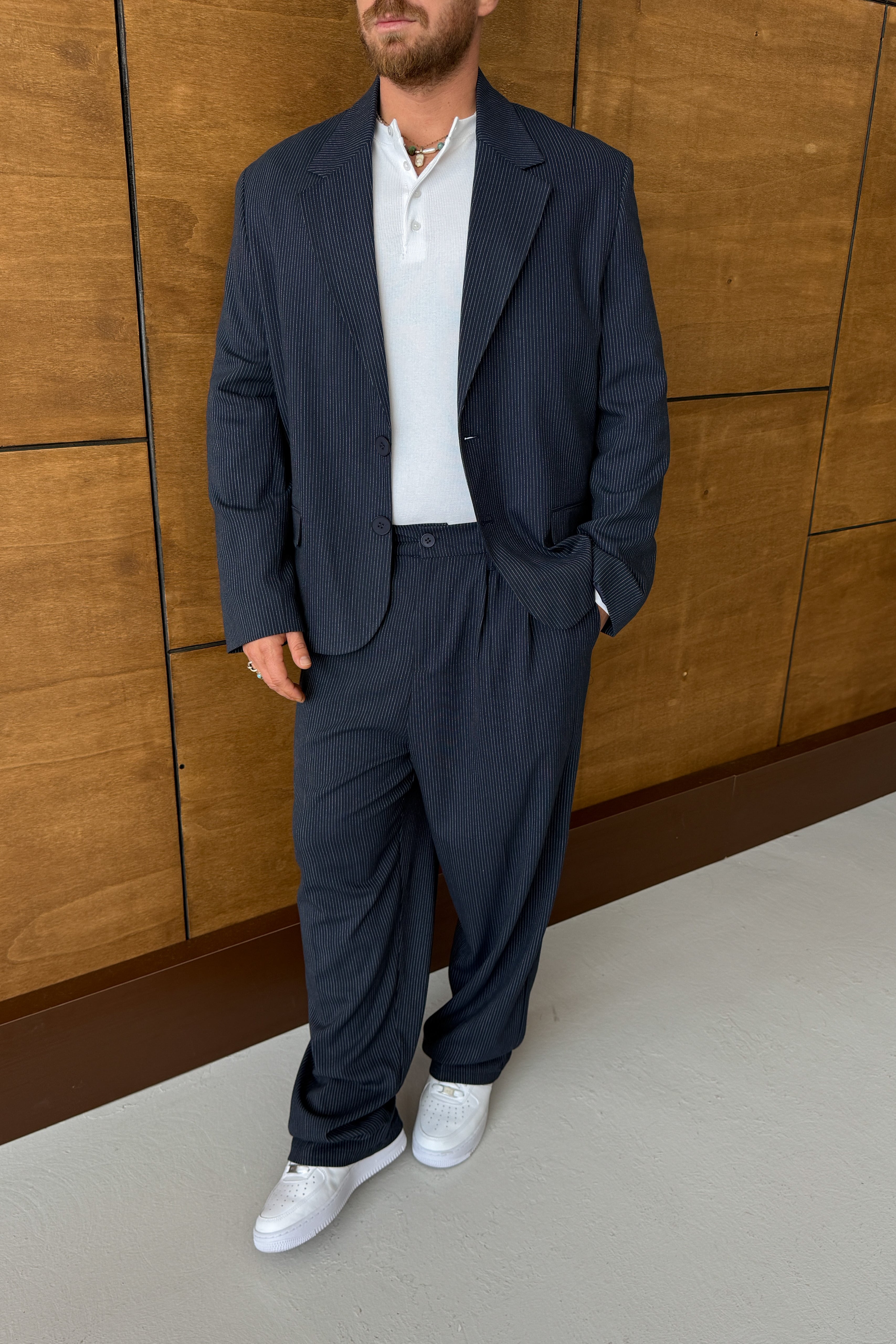 OVERSİZE ÇİZGİLİ BLAZER TAKIM ELBİSE • LACİVERT