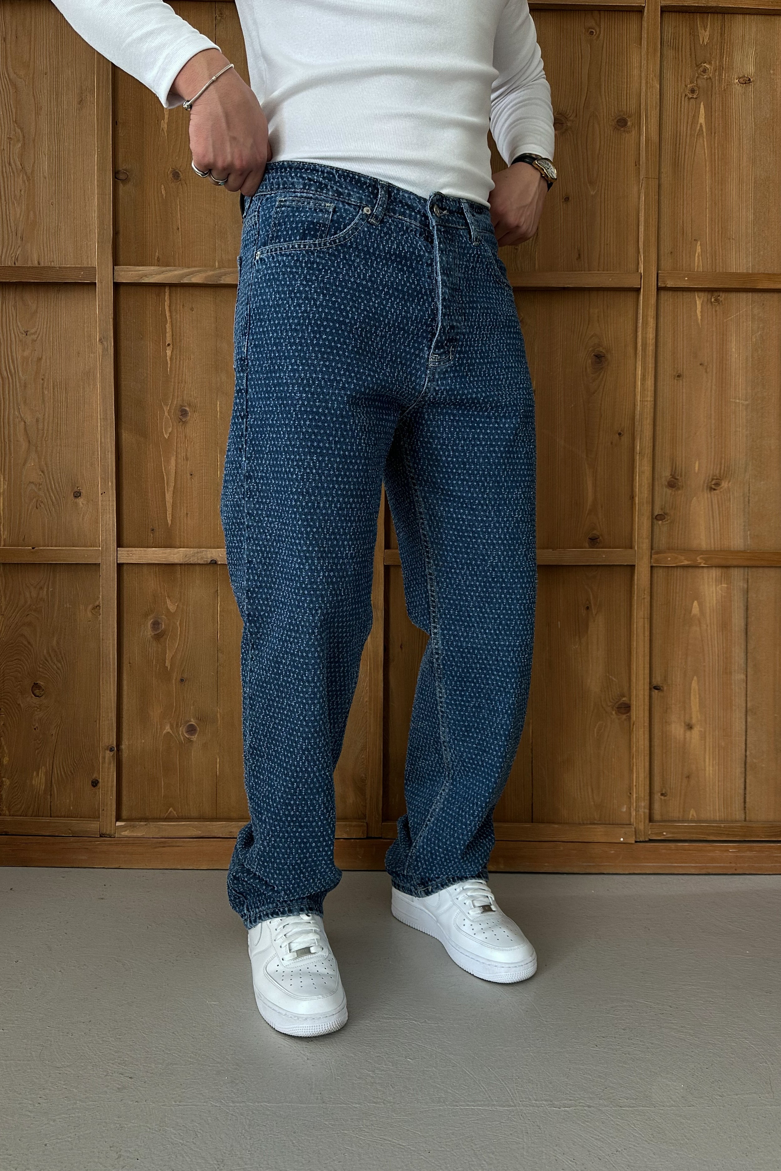 BAGGY FİT NOKTA YIRTIK DETAY TASARIM KOT PANTOLON • LACİVERT W11