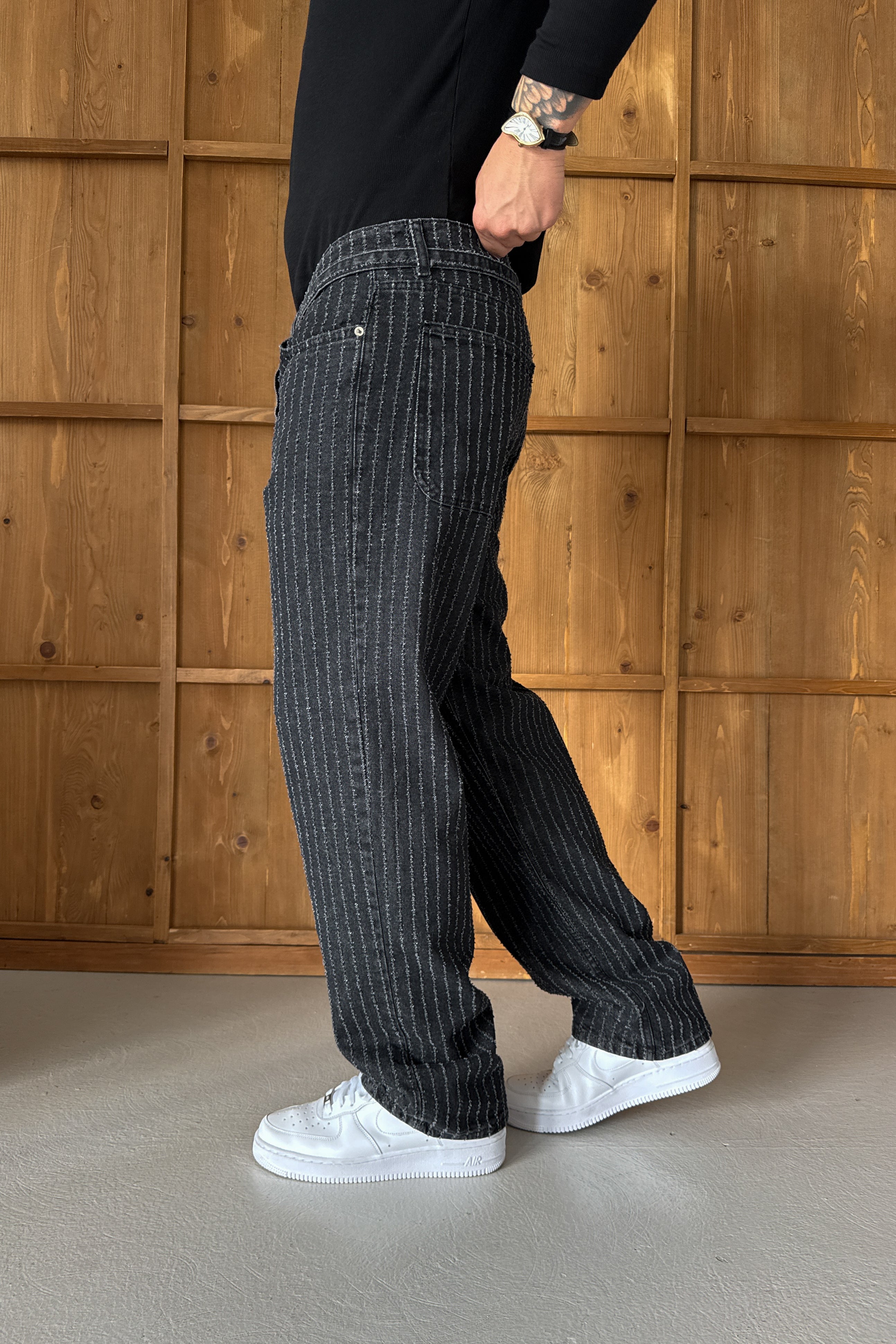 BAGGY FİT KEMER DETAY TASARIM KOT PANTOLON • SİYAH W11