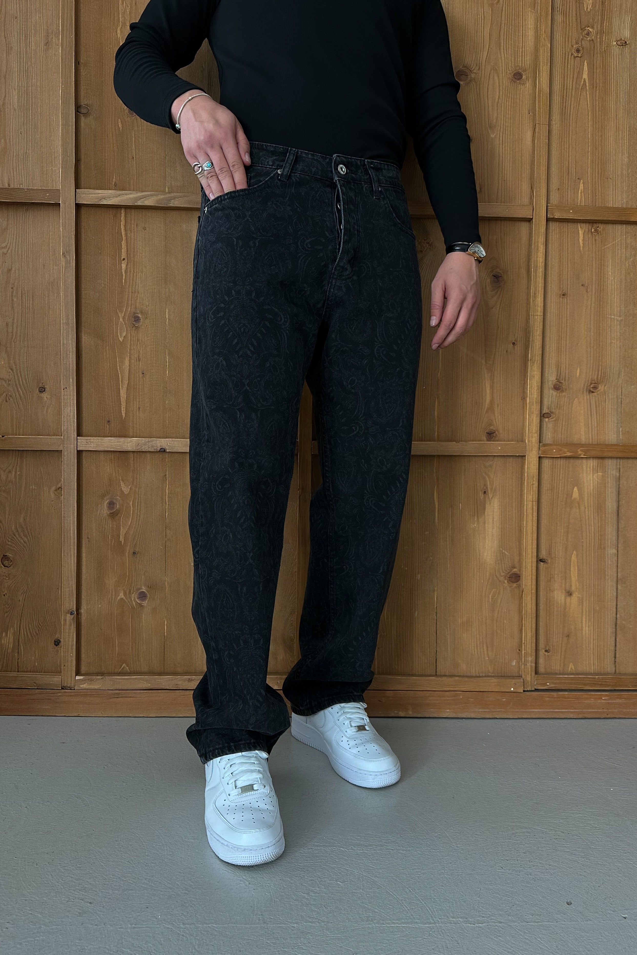 BAGGY FİT DESENLİ TASARIM KOT PANTOLON • SİYAH W11