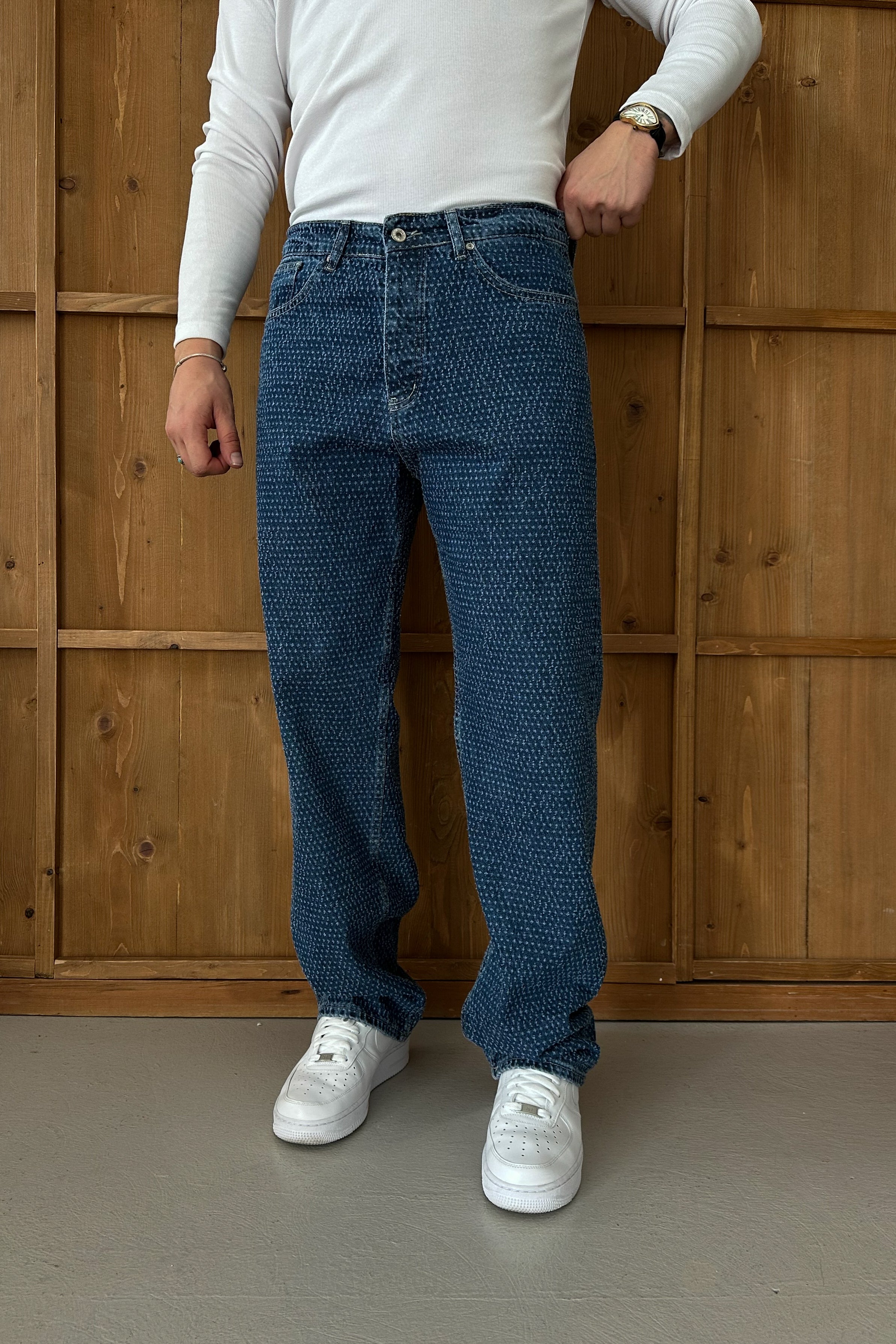 BAGGY FİT NOKTA YIRTIK DETAY TASARIM KOT PANTOLON • LACİVERT W11