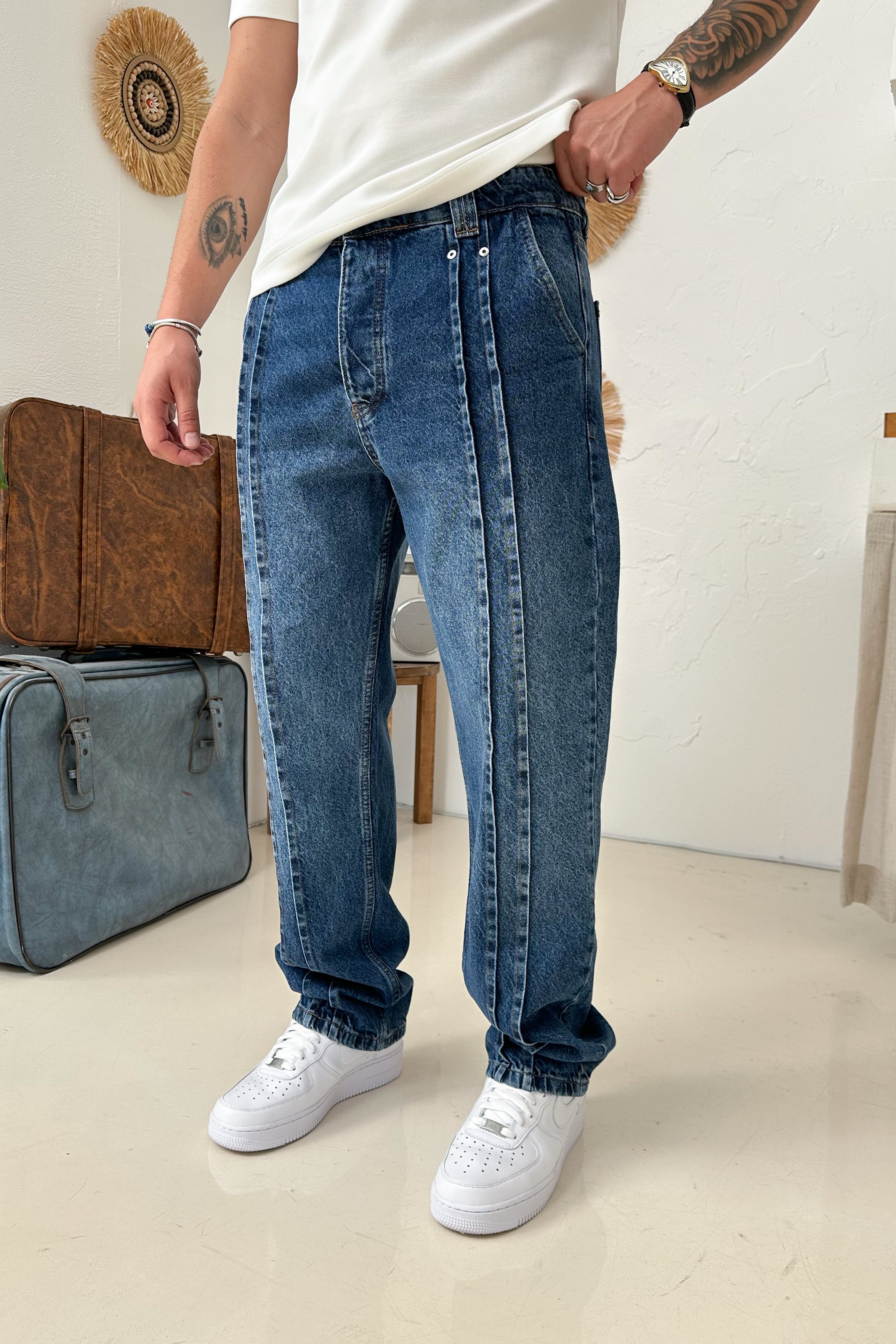 BAGGY KALIP ÇİFT SIRA DİKİŞ DETAY KOT PANTOLON • LACİVERT