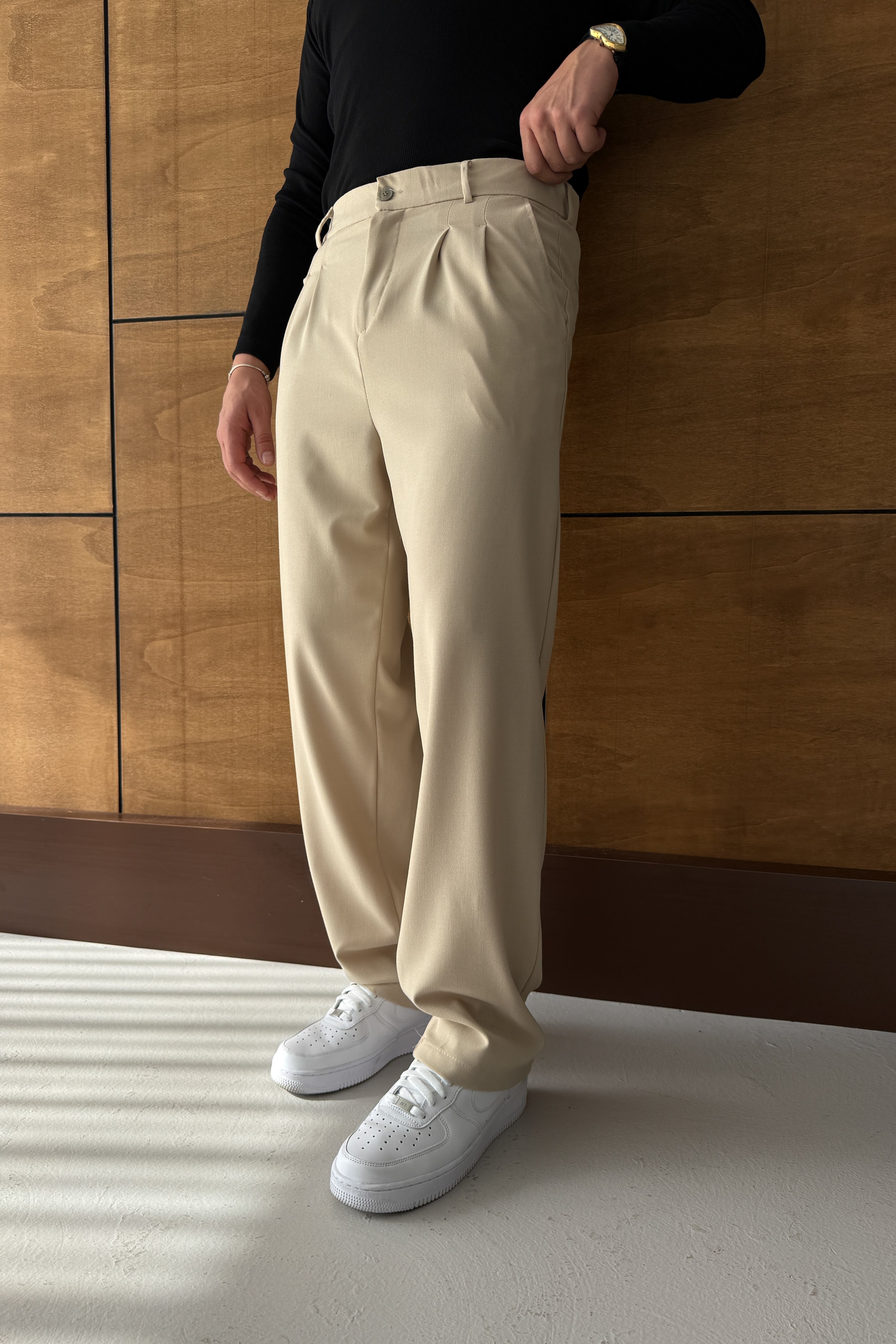 BAGGY KALIP PİLELİ KUMAŞ PANTOLON • BEJ FB