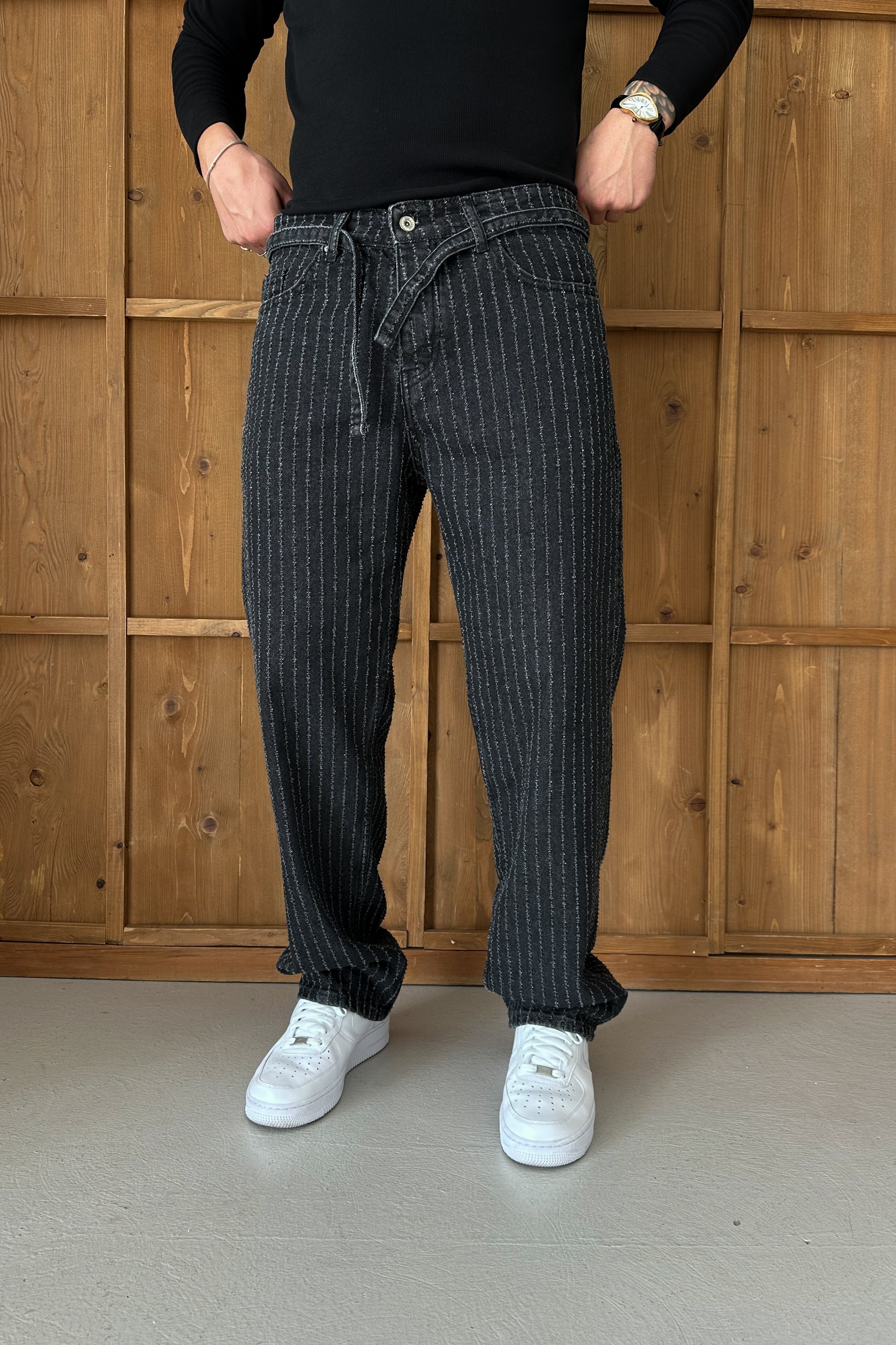 BAGGY FİT KEMER DETAY TASARIM KOT PANTOLON • SİYAH W11