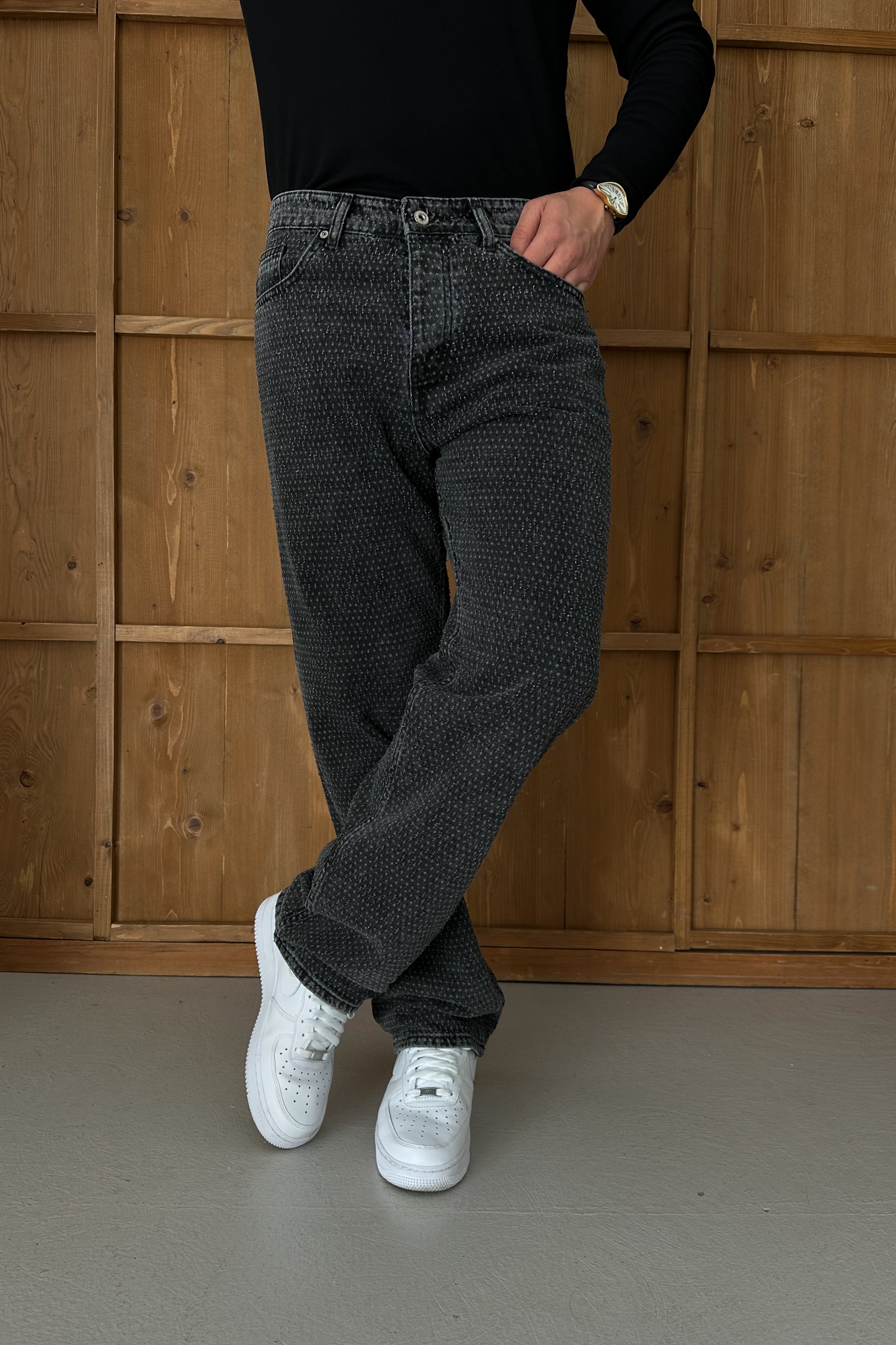 BAGGY FİT NOKTA YIRTIK DETAY TASARIM KOT PANTOLON • SİYAH W11
