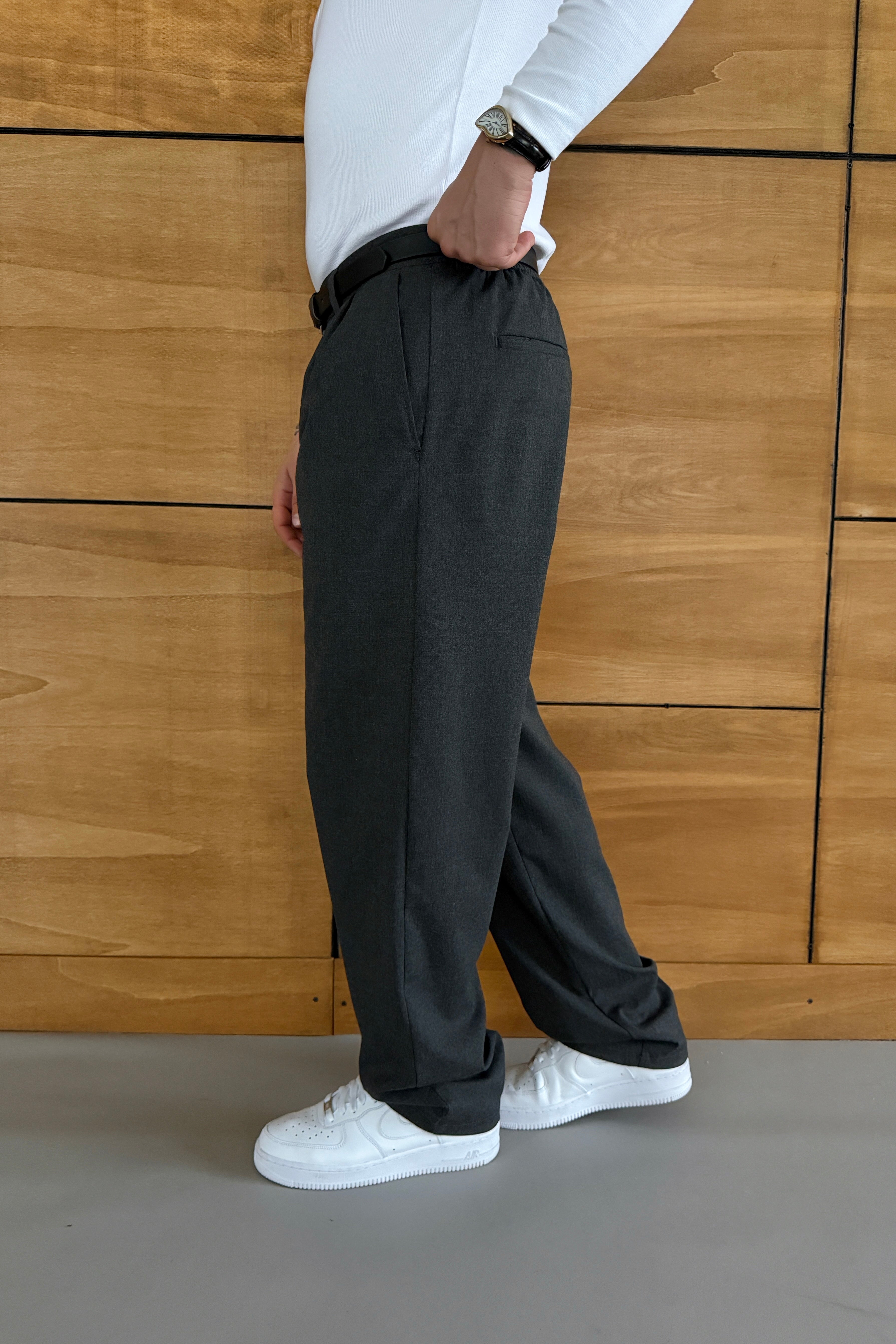 BAGGY KALIP PİLELİ KUMAŞ PANTOLON • ANTRASİT
