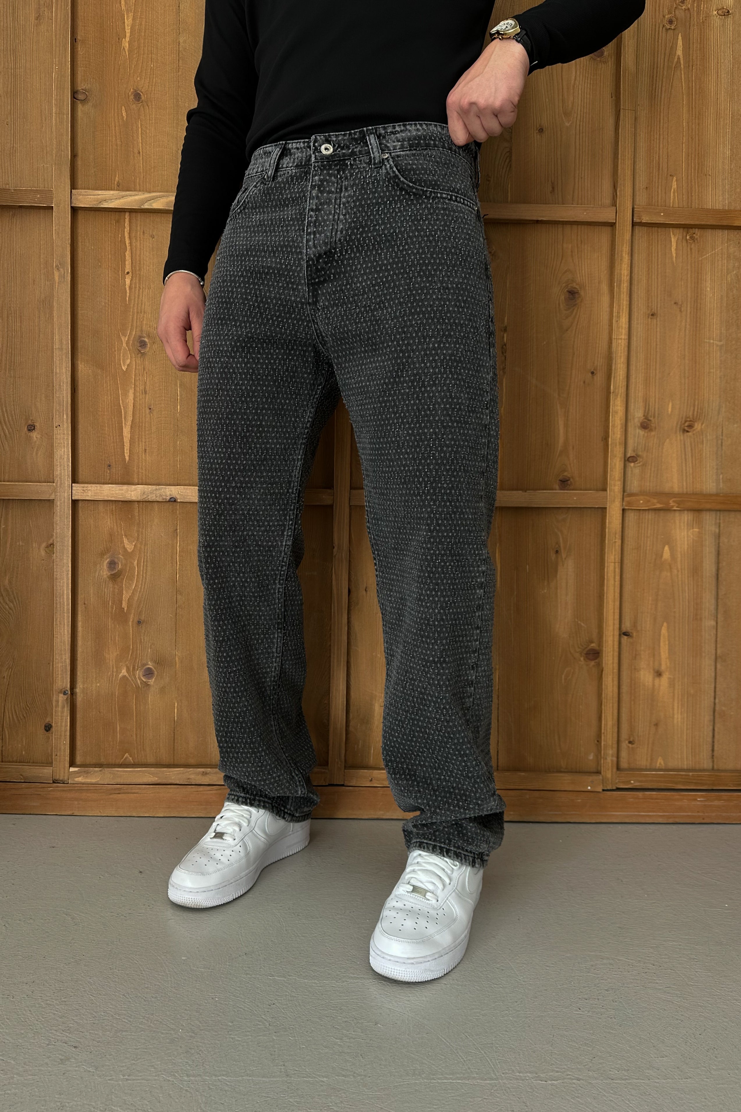 BAGGY FİT NOKTA YIRTIK DETAY TASARIM KOT PANTOLON • SİYAH W11