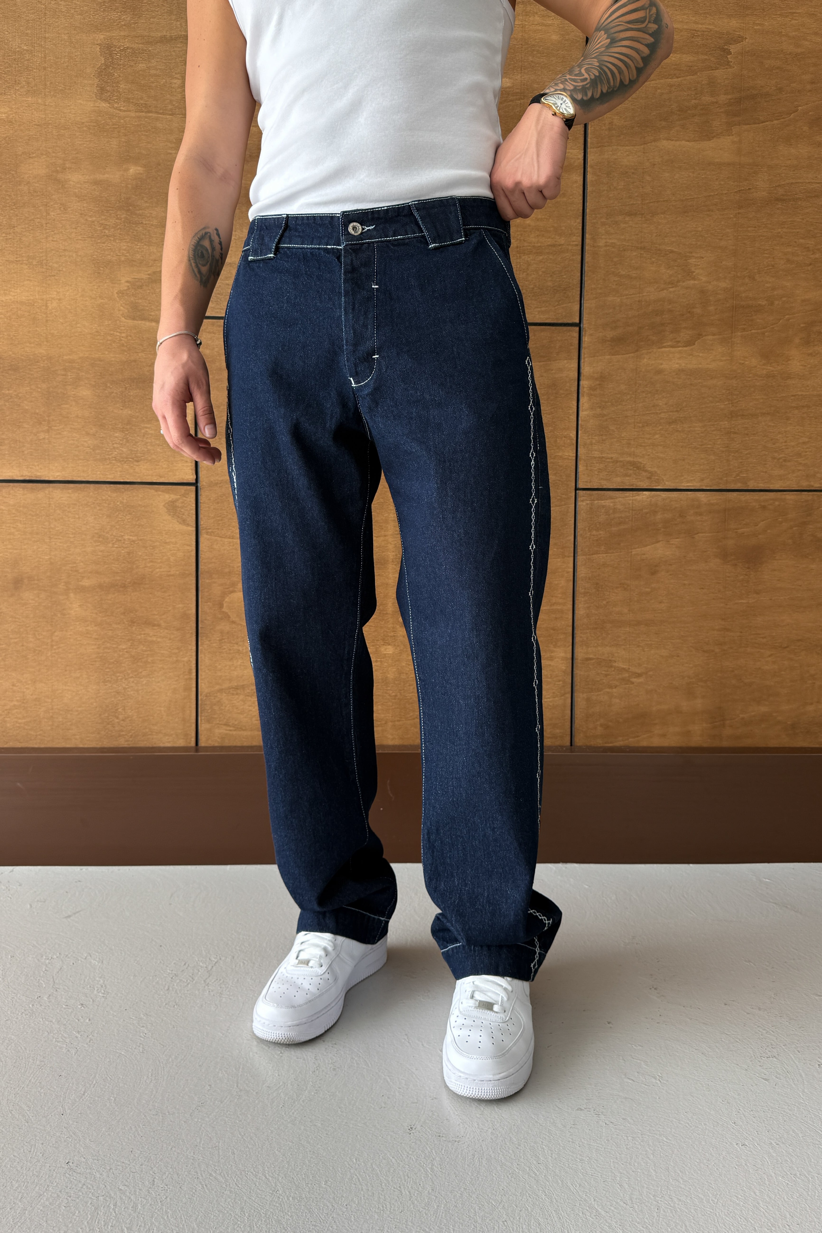 BAGGY FİT YANI İŞLEME DETAY TASARIM KOT PANTOLON • LACİVERT GS