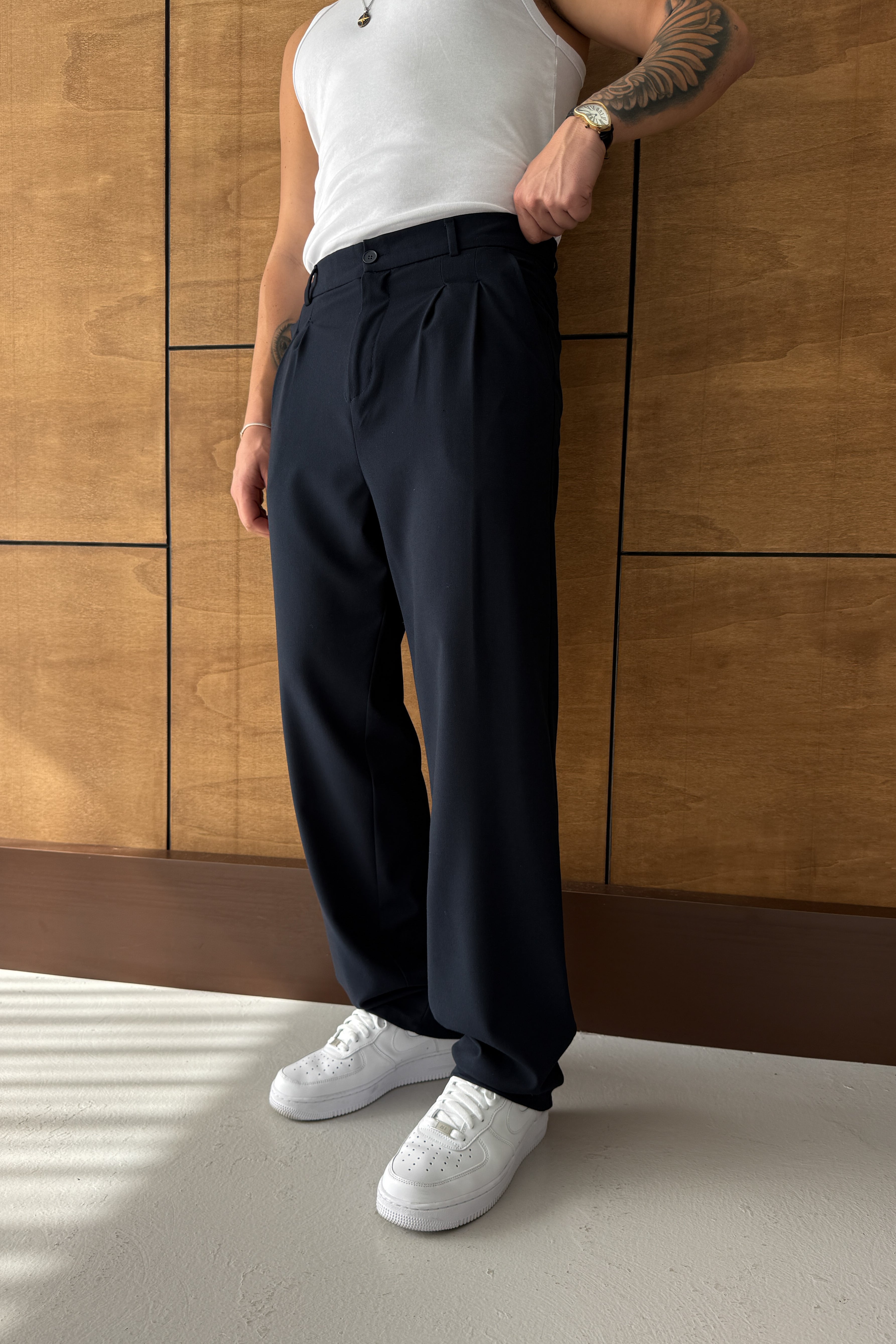 BAGGY KALIP PİLELİ KUMAŞ PANTOLON • LACİVERT FB