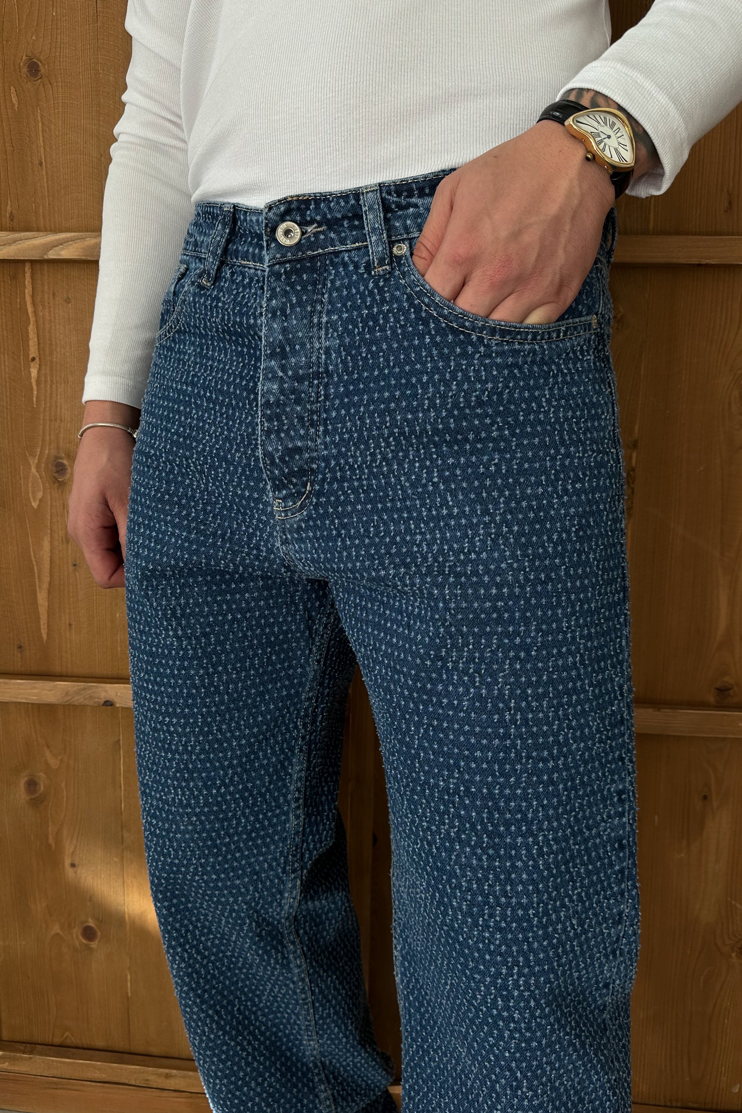 BAGGY FİT NOKTA YIRTIK DETAY TASARIM KOT PANTOLON • LACİVERT W11