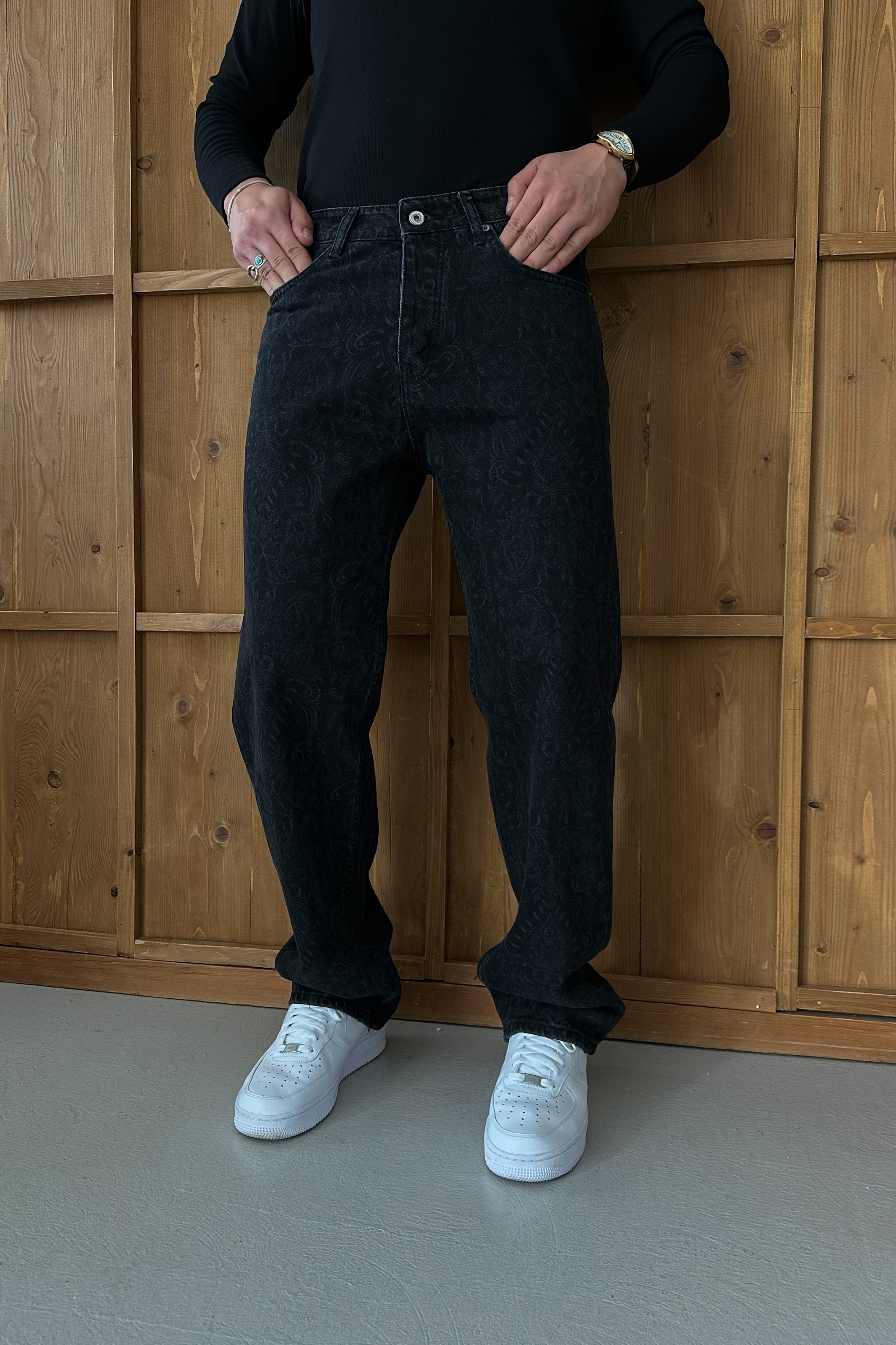 BAGGY FİT DESENLİ TASARIM KOT PANTOLON • SİYAH W11