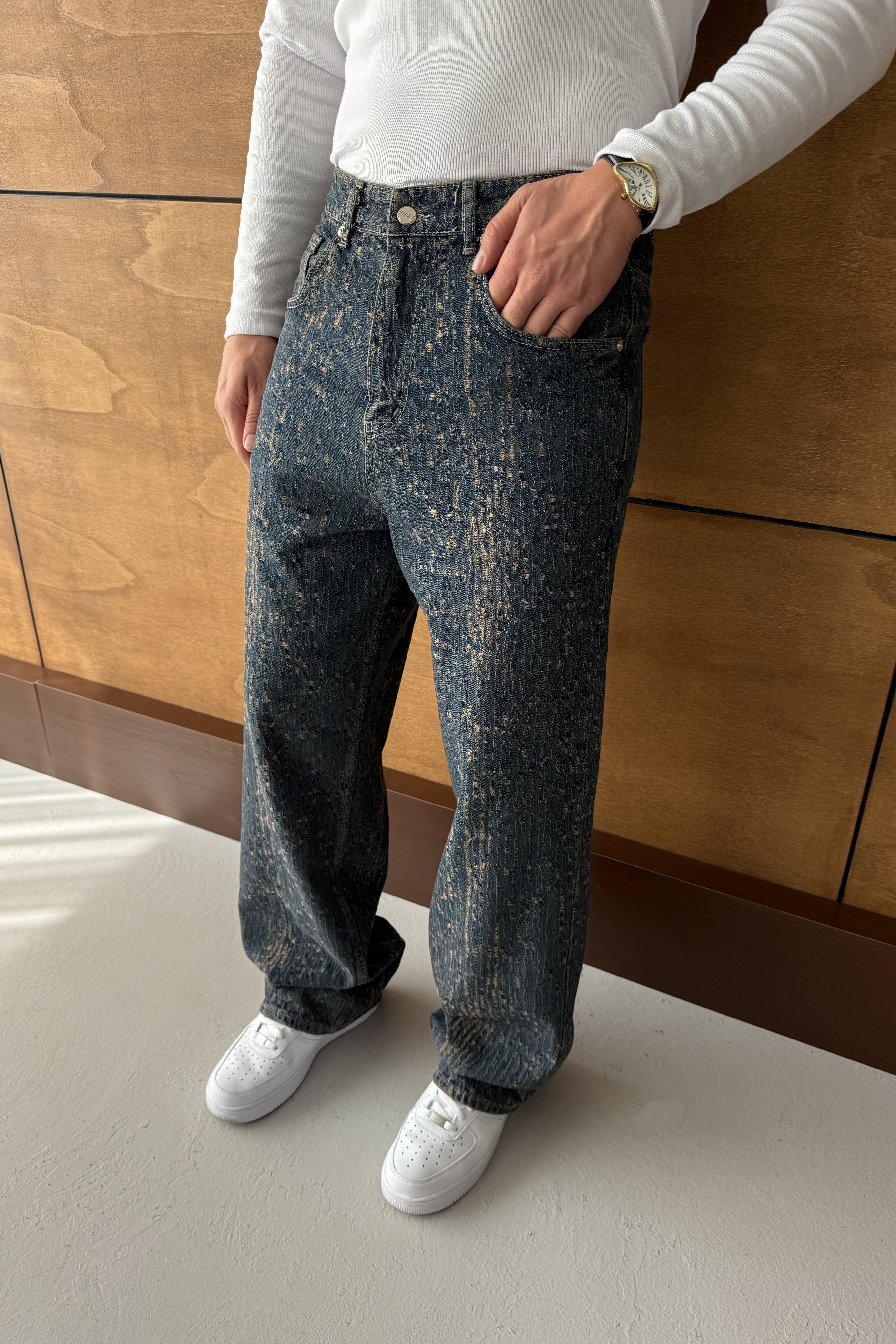 BAGGY FİT ESKİTME DETAY TASARIM KOT PANTOLON • BEJ GS
