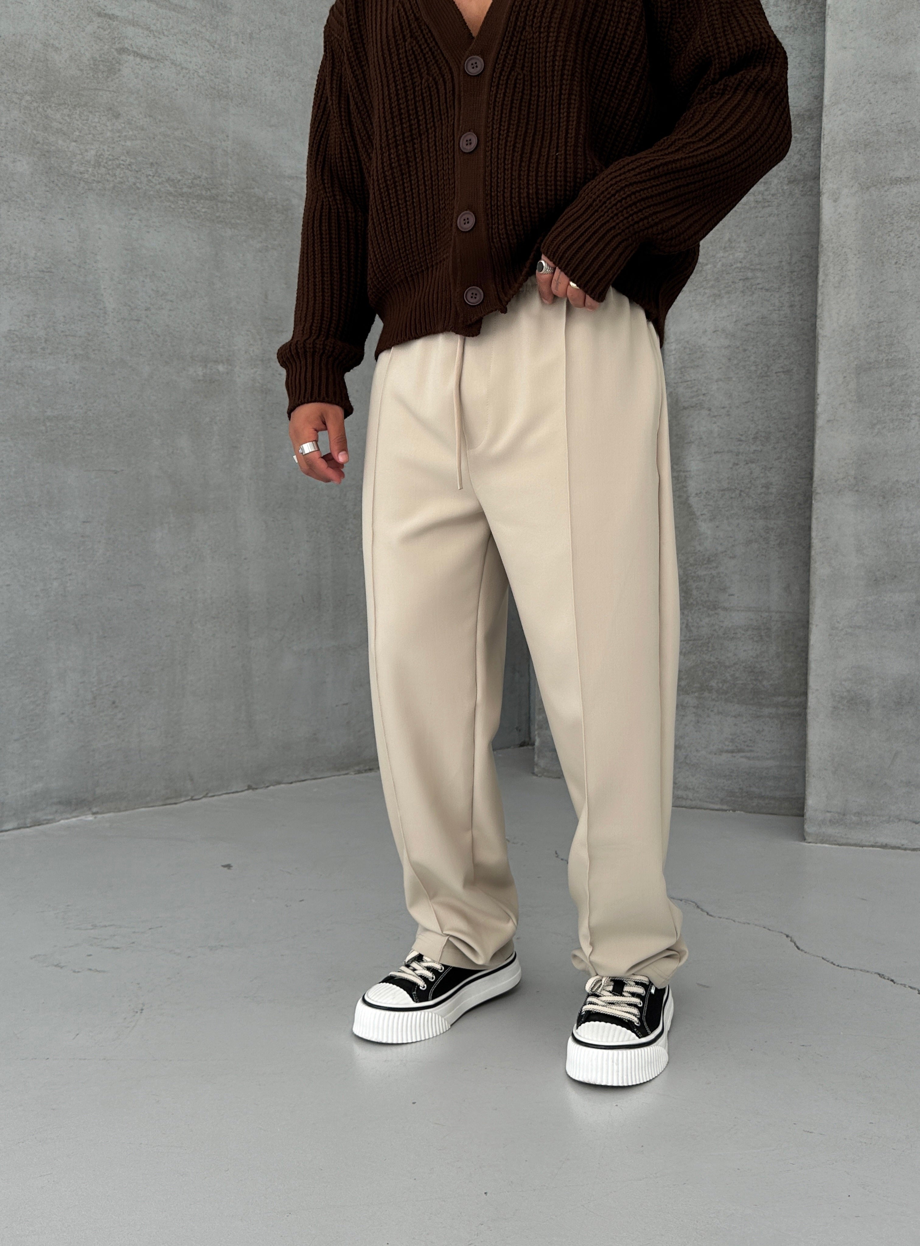BAGGY KALIP DİKİŞ DETAYLI KUMAŞ PANTOLON•TAŞ