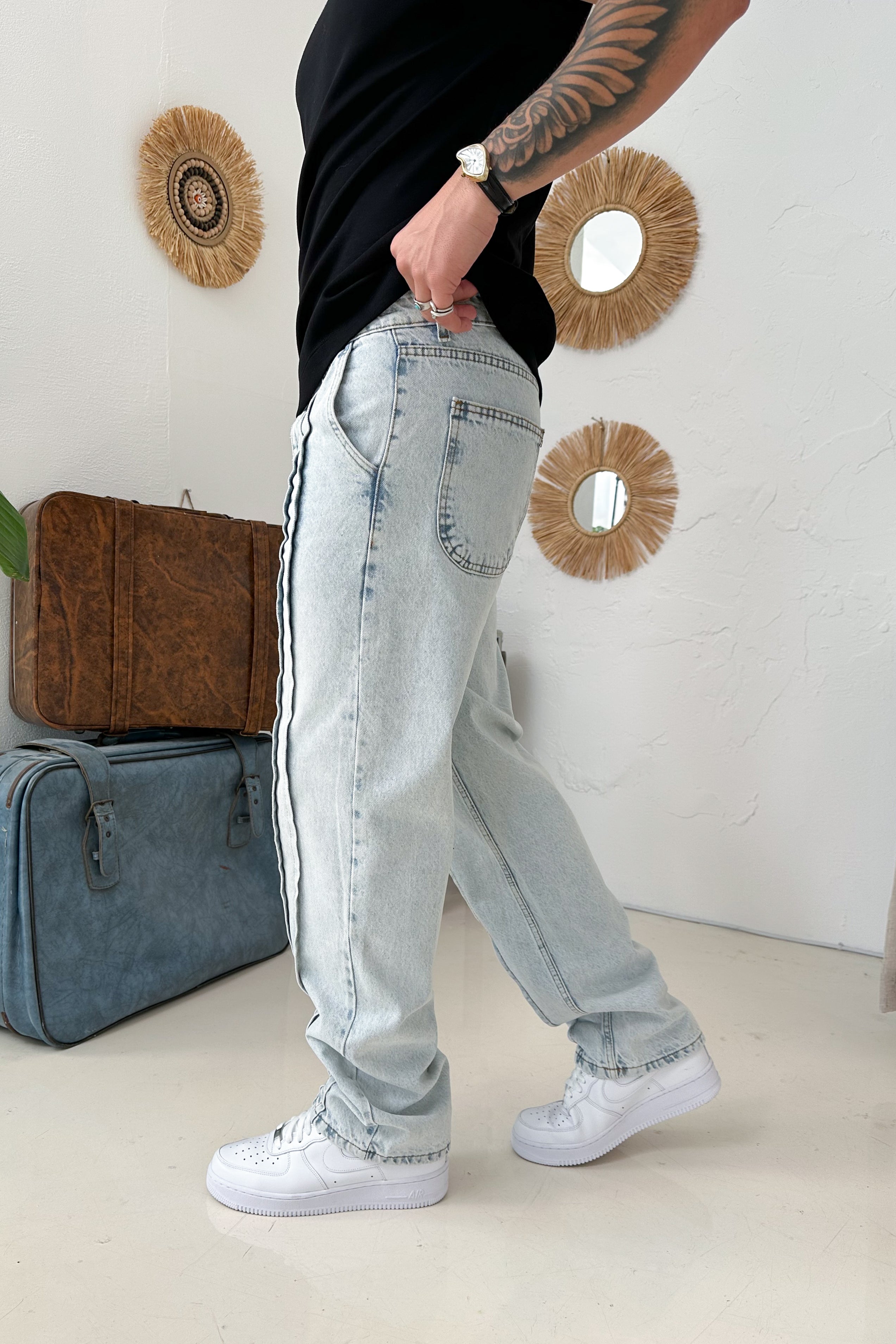 BAGGY KALIP ÇİFT SIRA DİKİŞ DETAY KOT PANTOLON • AÇIK MAVİ