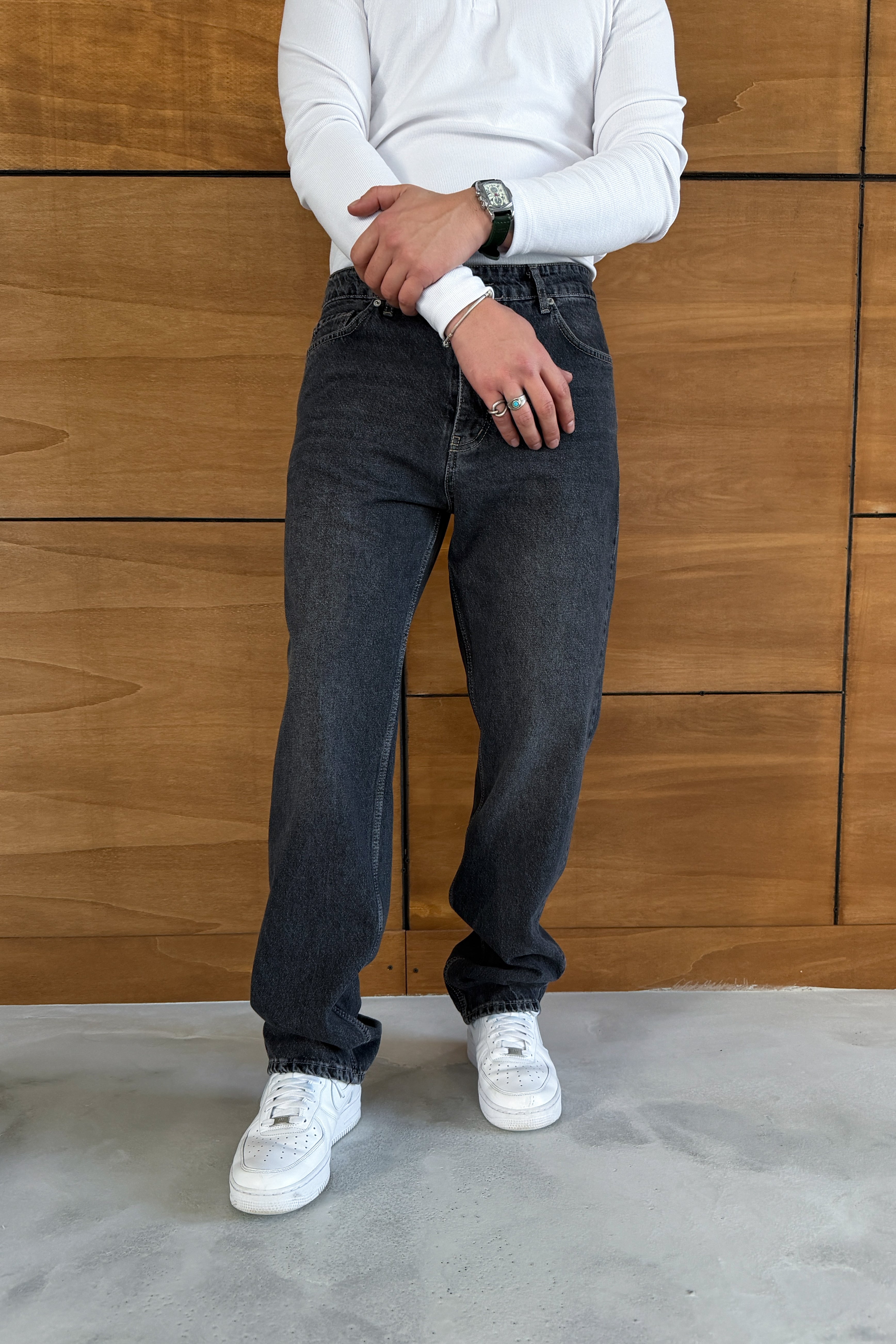 BAGGY FİT TAŞLANMIŞ KOT PANTOLON • ANTRASİT