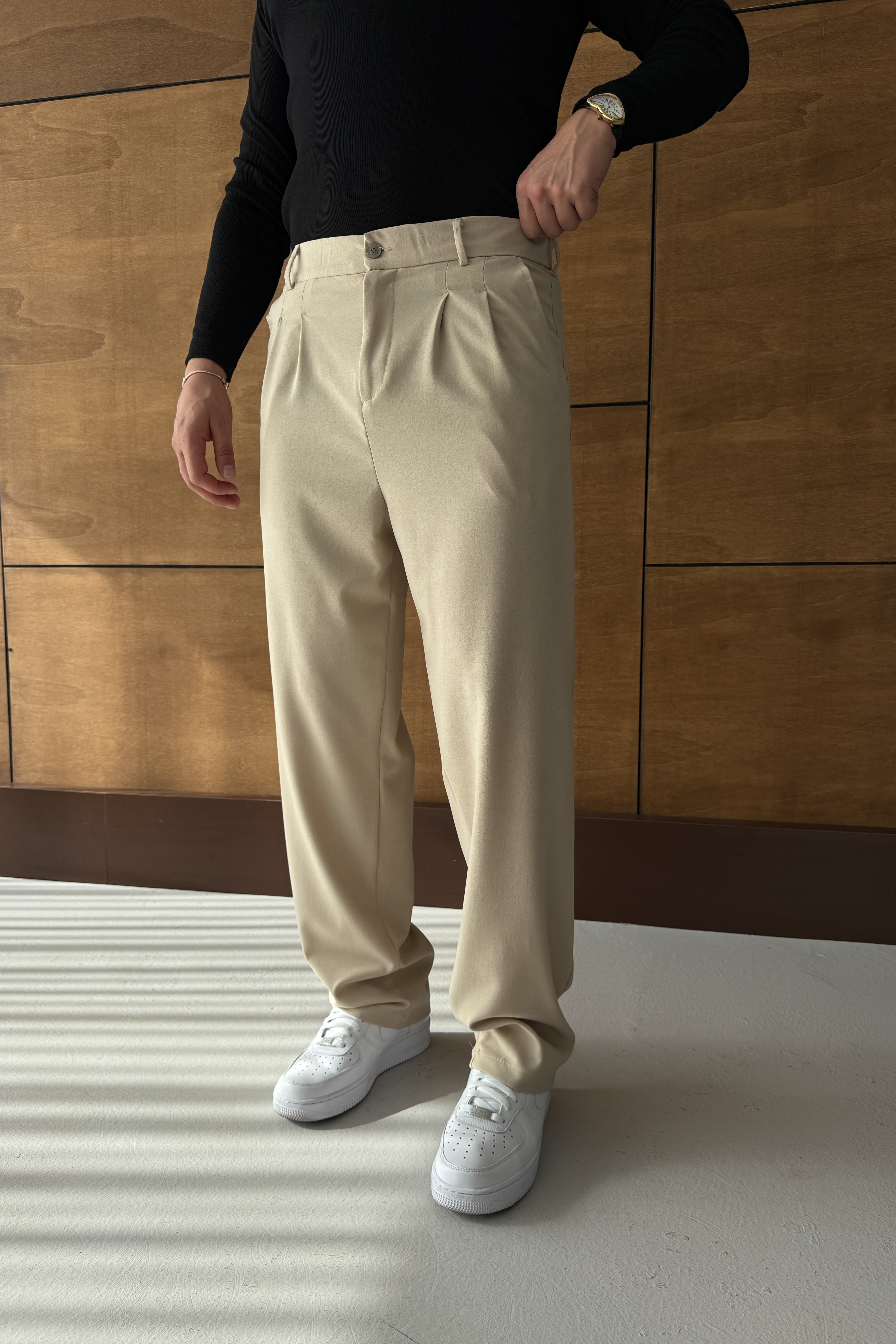 BAGGY KALIP PİLELİ KUMAŞ PANTOLON • BEJ FB