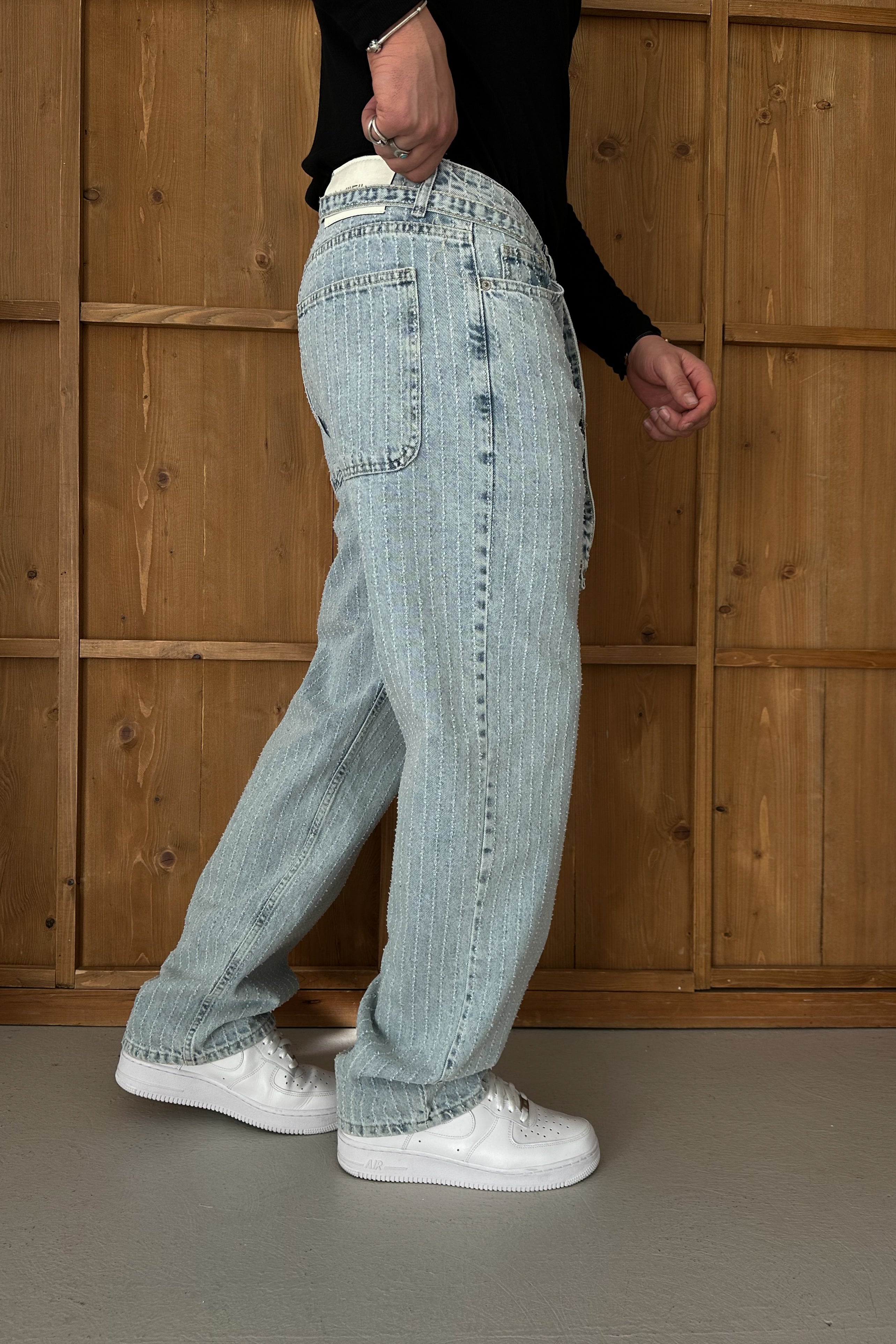BAGGY FİT KEMER DETAY TASARIM KOT PANTOLON • AÇIK MAVİ W11