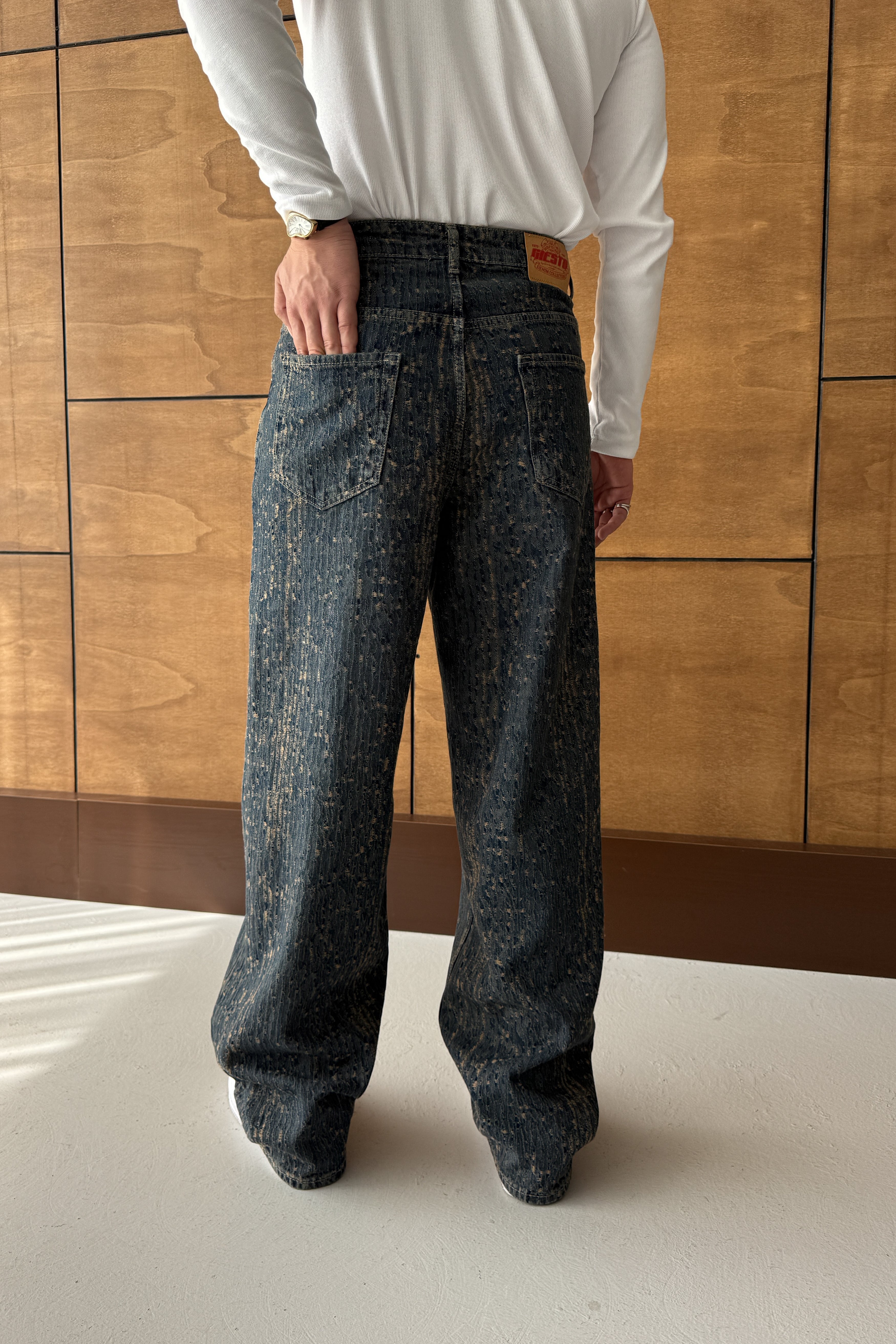 BAGGY FİT ESKİTME DETAY TASARIM KOT PANTOLON • BEJ GS