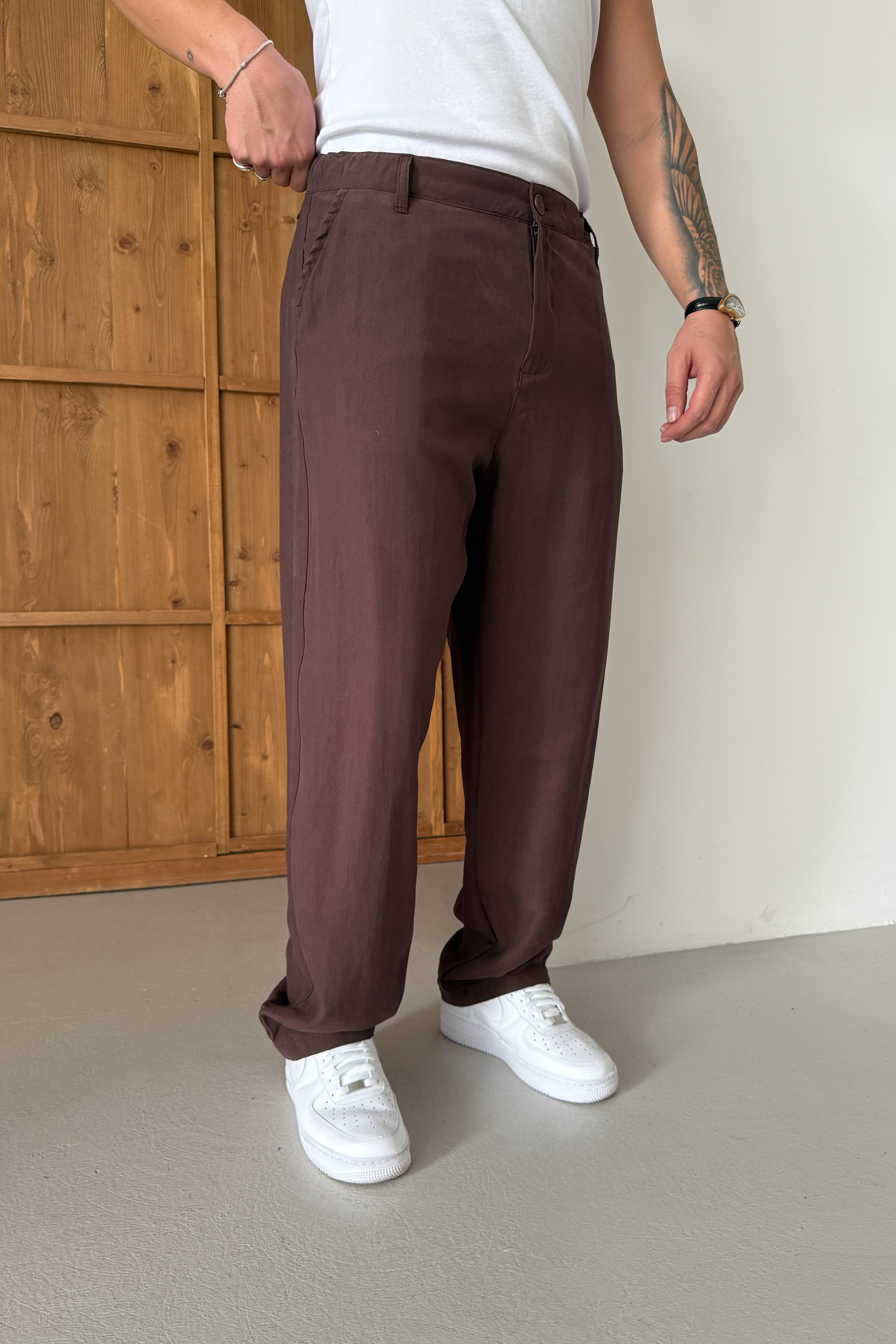 BAGGY KALIP KIŞLIK MODAL KUMAŞ PANTOLON • KAHVERENGİ