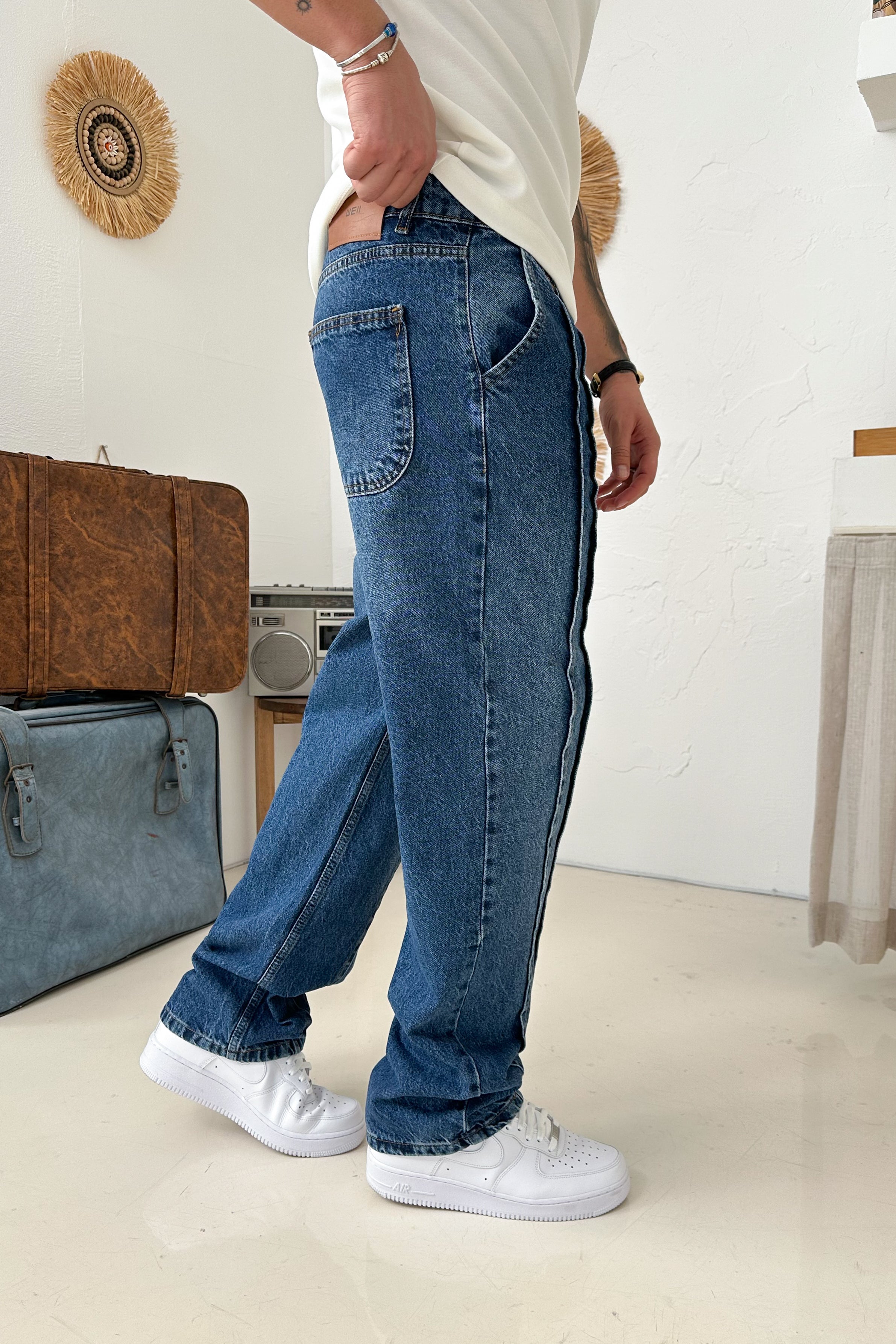 BAGGY KALIP ÇİFT SIRA DİKİŞ DETAY KOT PANTOLON • LACİVERT