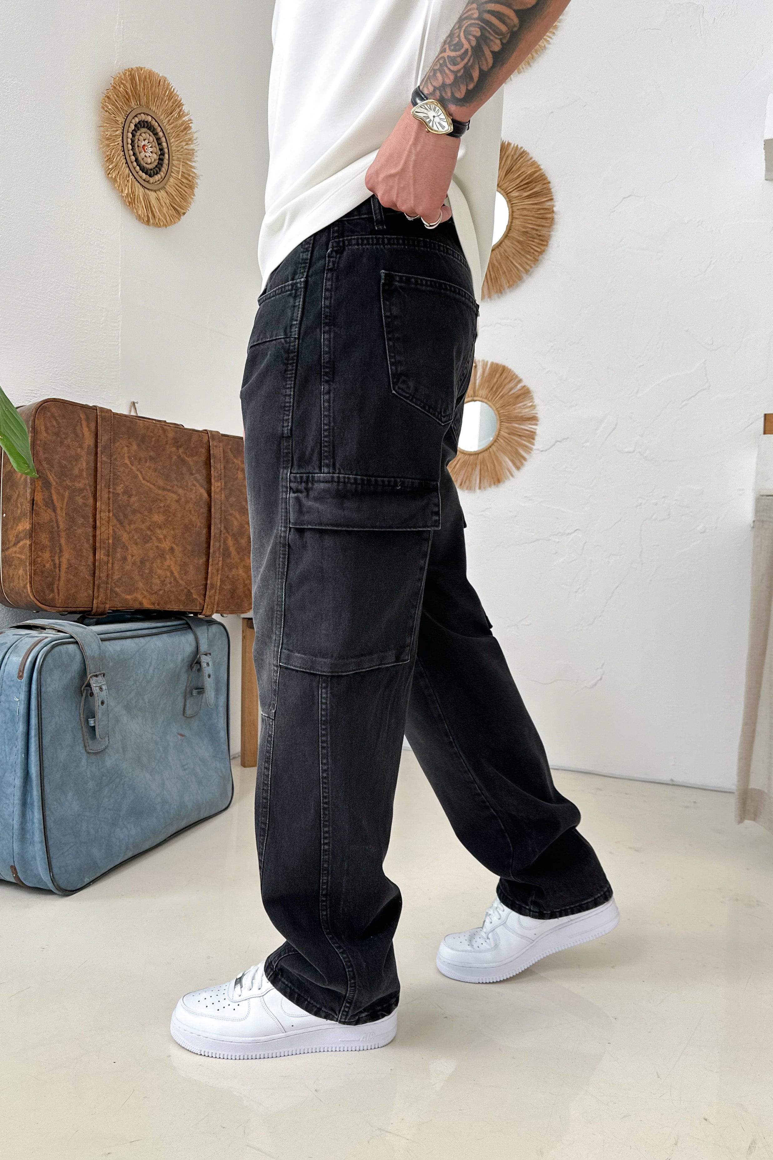 BAGGY KALIP DİKİŞ DETAY KARGO CEP KOT PANTOLON • SİYAH