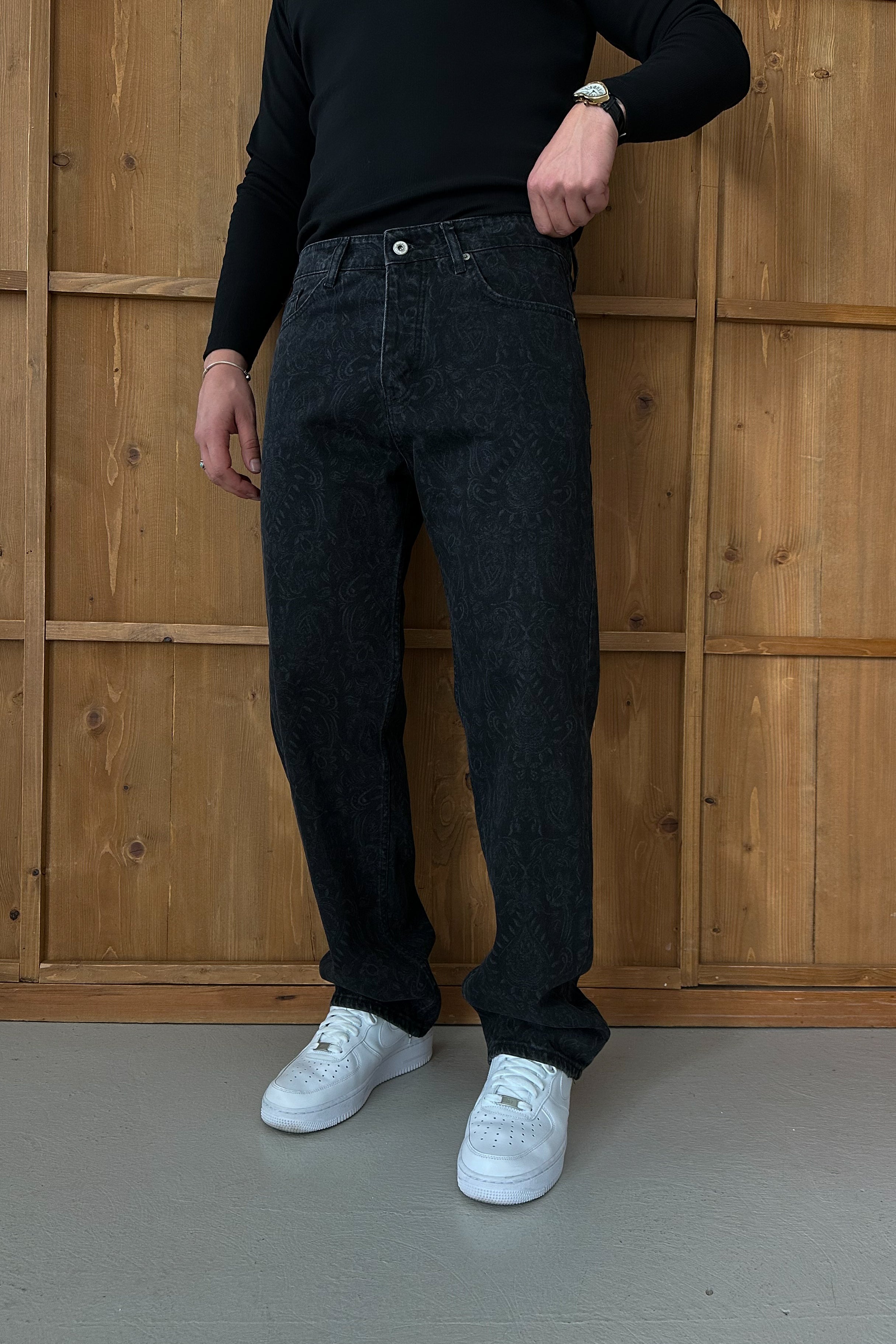 BAGGY FİT DESENLİ TASARIM KOT PANTOLON • SİYAH W11