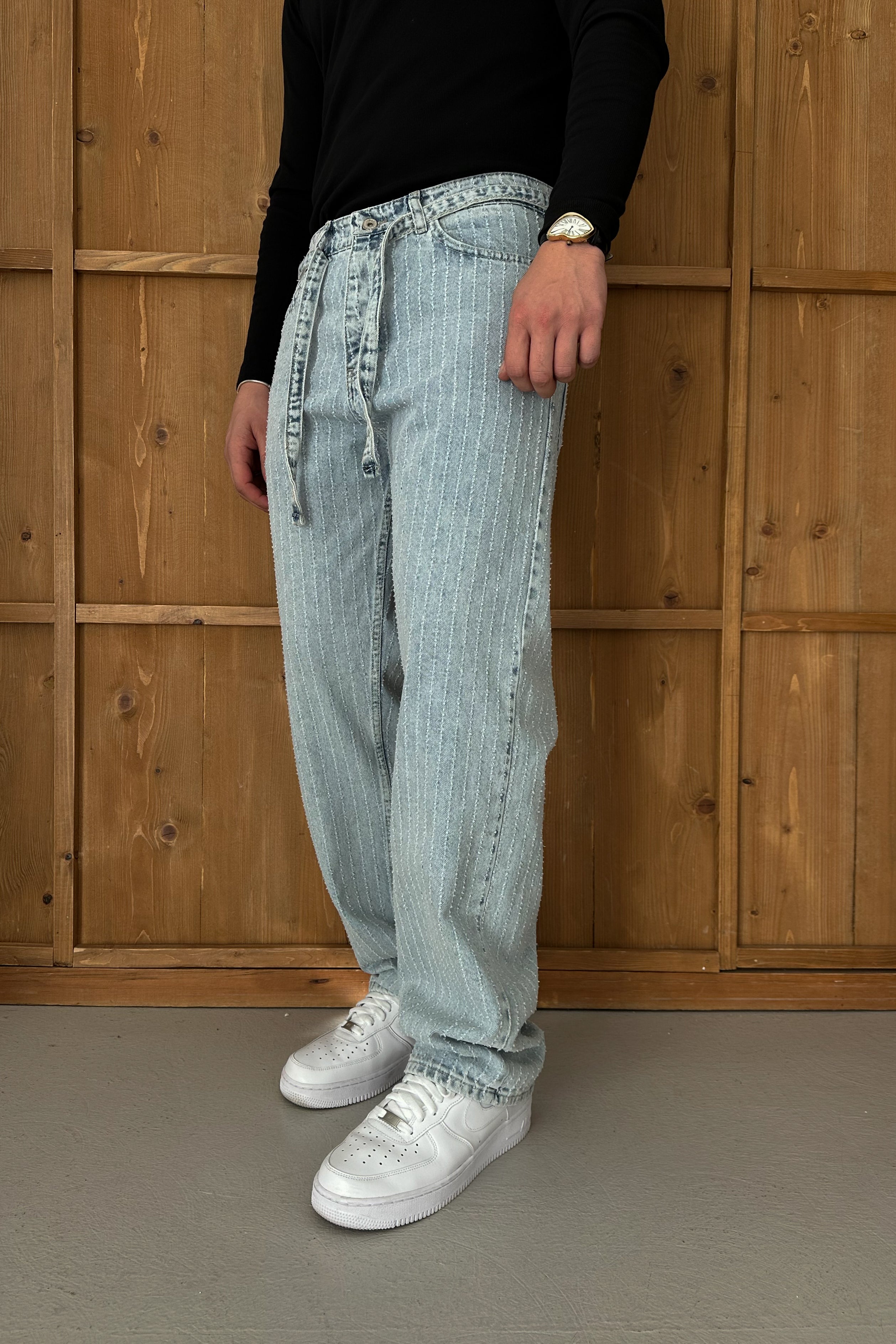 BAGGY FİT KEMER DETAY TASARIM KOT PANTOLON • AÇIK MAVİ W11