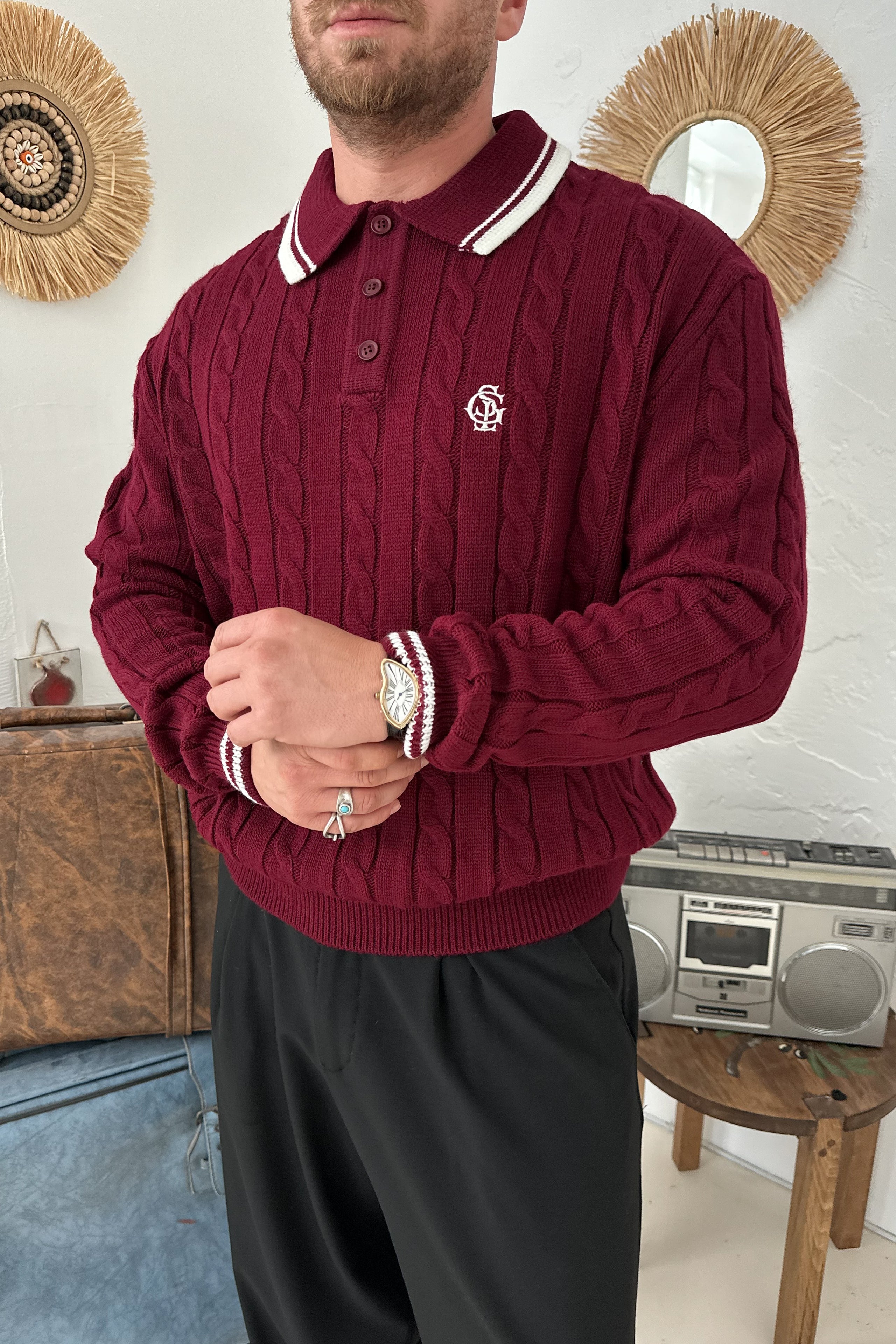 OVERSİZE OLD MONEY ÖRGÜ MODEL POLO YAKA TRİKO • BORDO